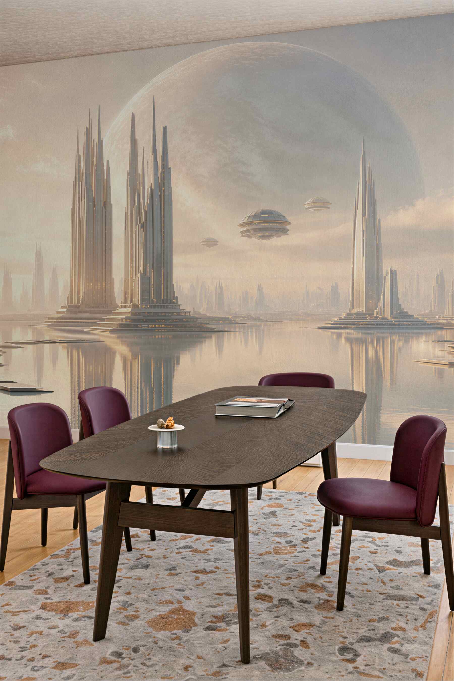 Fototapeta futurystyczne miasto z planetą i wieżami nad wodą
