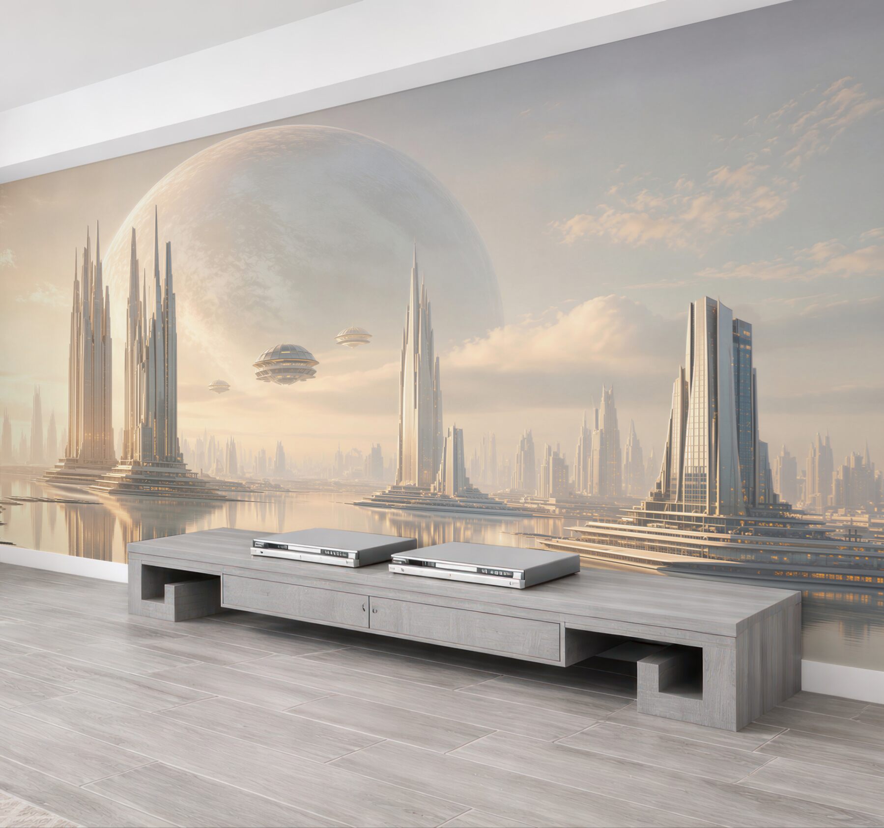 Fototapeta futurystyczne miasto z planetą i wieżami nad wodą