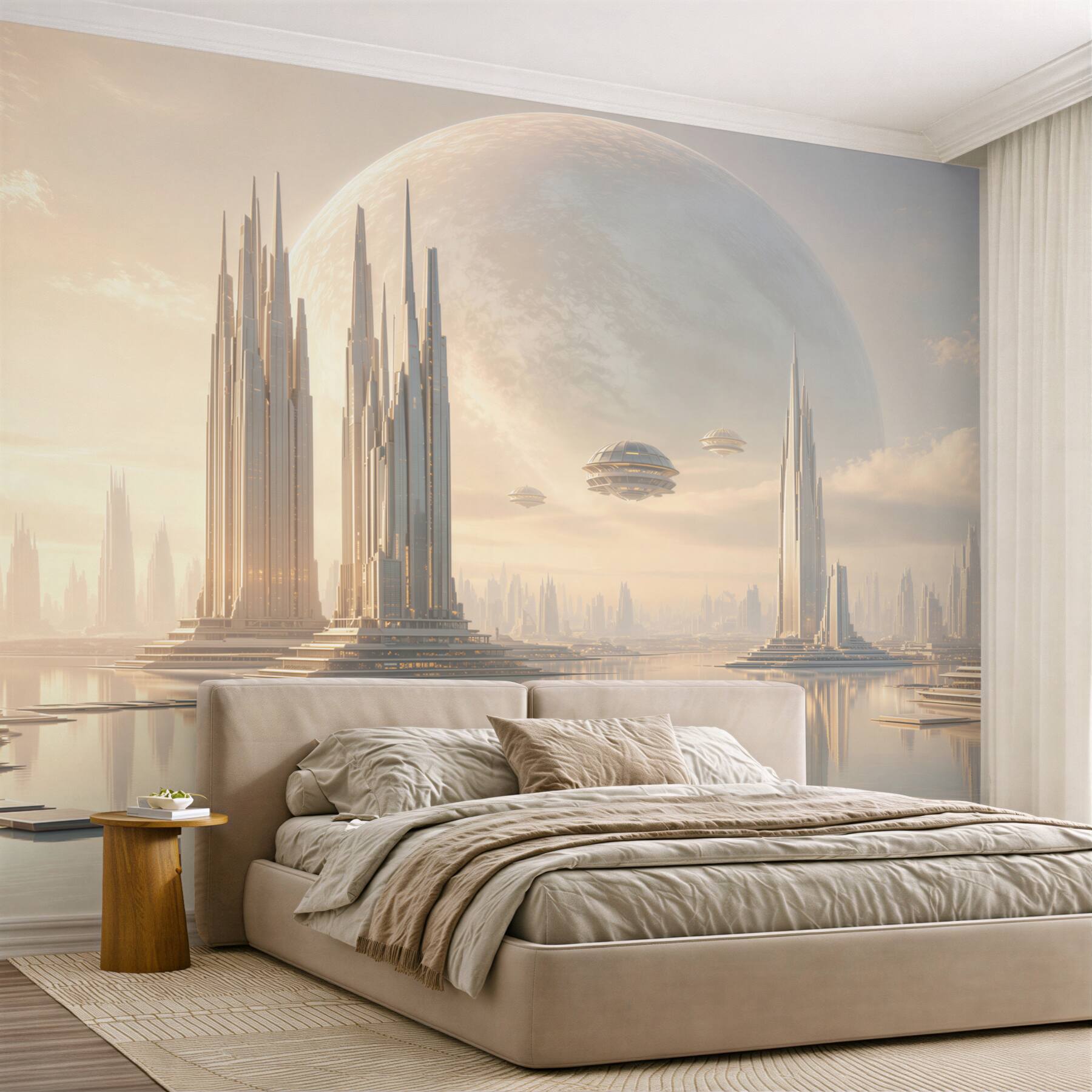 Fototapeta futurystyczne miasto z planetą i wieżami nad wodą