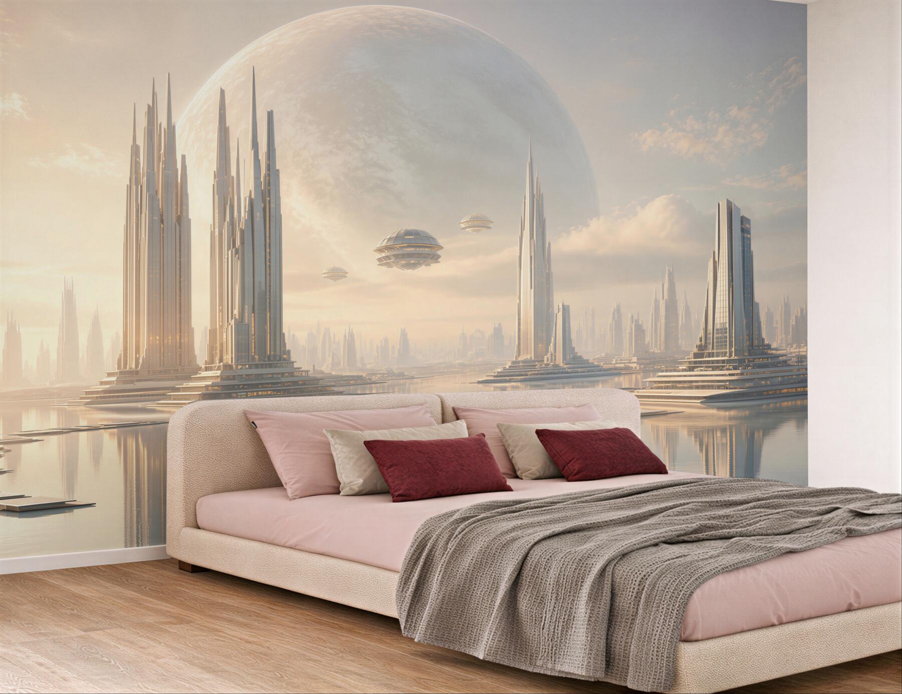 Fototapeta futurystyczne miasto z planetą i wieżami nad wodą