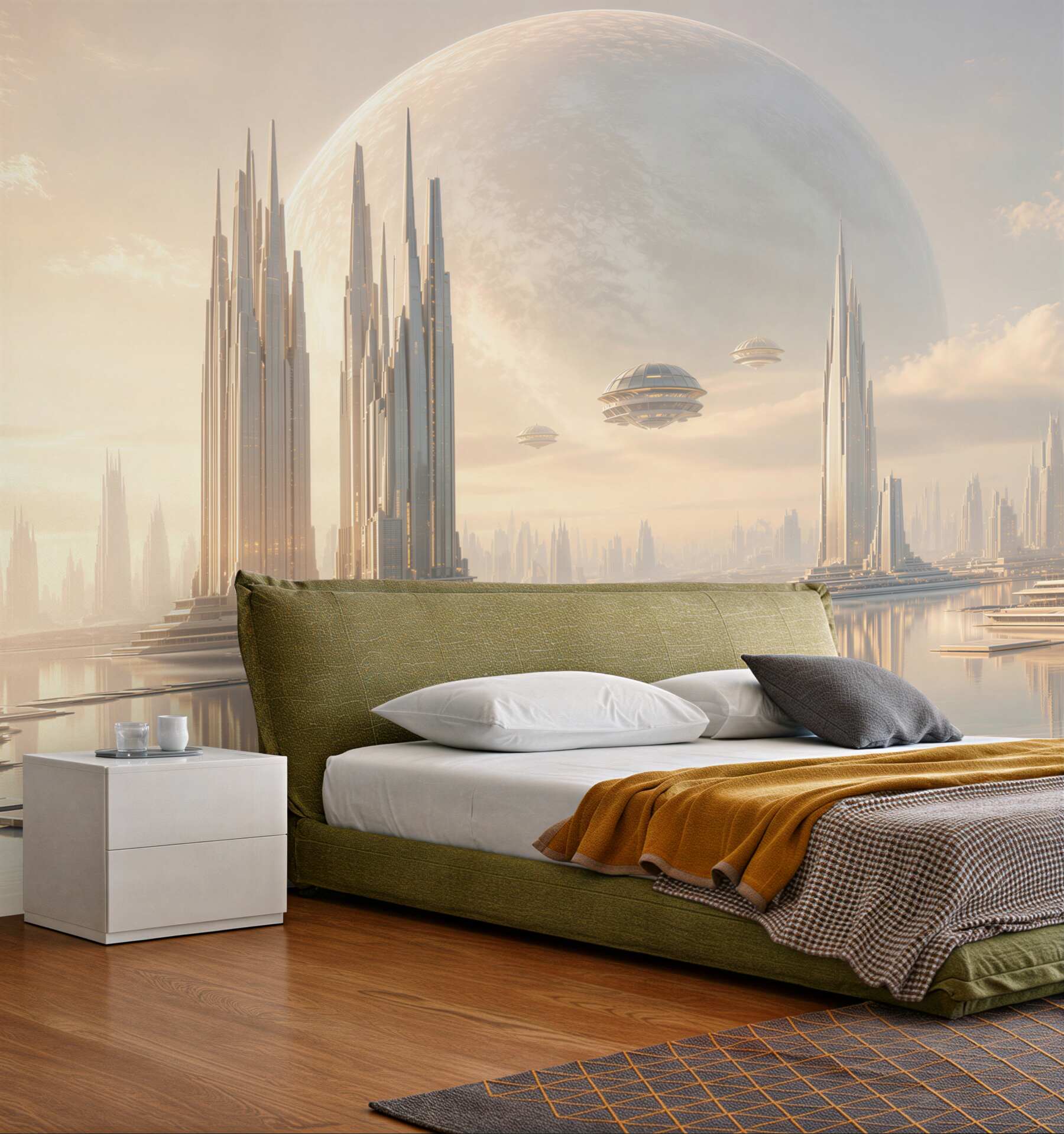 Fototapeta futurystyczne miasto z planetą i wieżami nad wodą