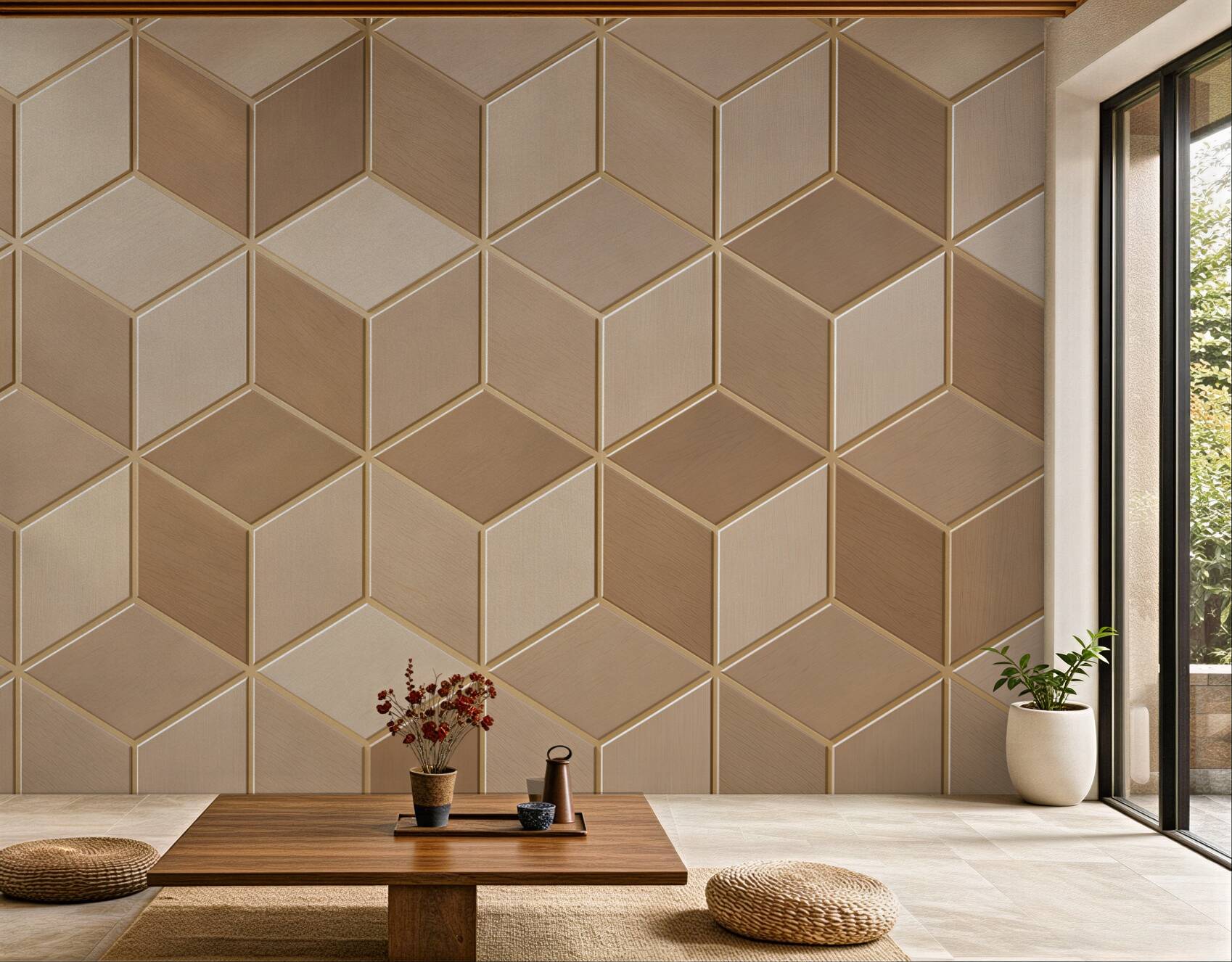 Fototapeta geometryczne kostki 3D beżowe wzór drewniany