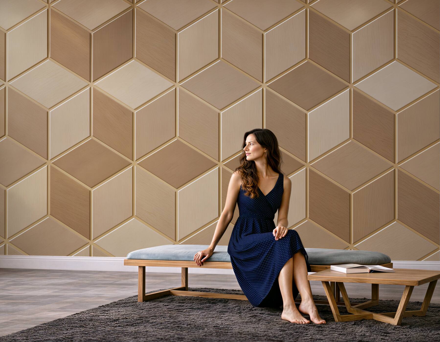 Fototapeta geometryczne kostki 3D beżowe wzór drewniany