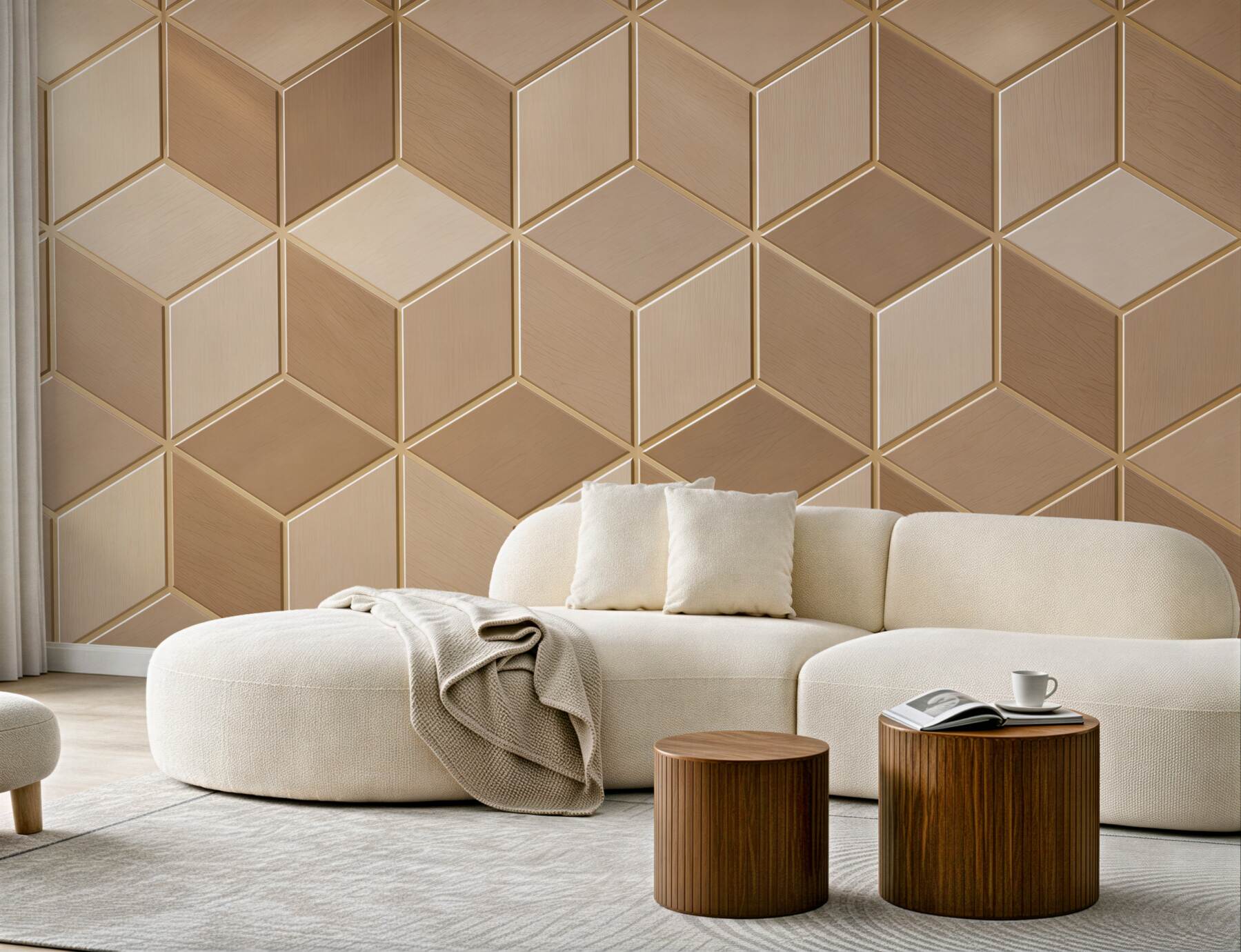 Fototapeta geometryczne kostki 3D beżowe wzór drewniany