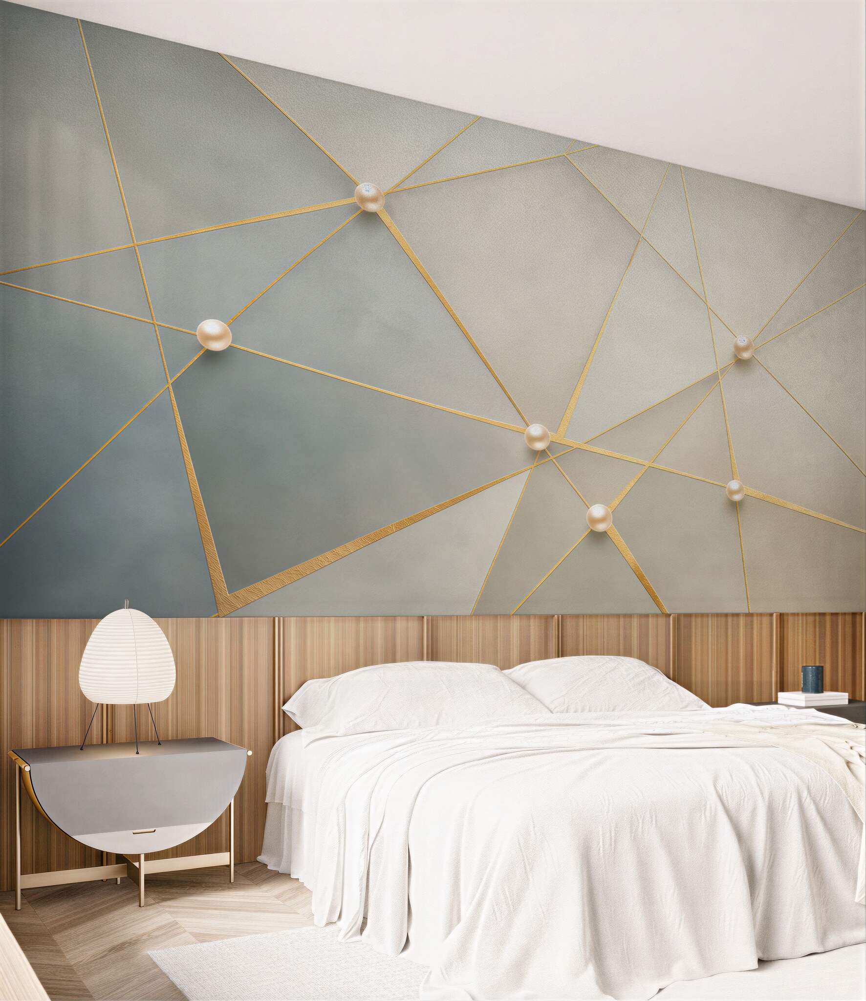 Fototapeta geometryczna abstrakcja ze złotymi liniami i perłami elegancka