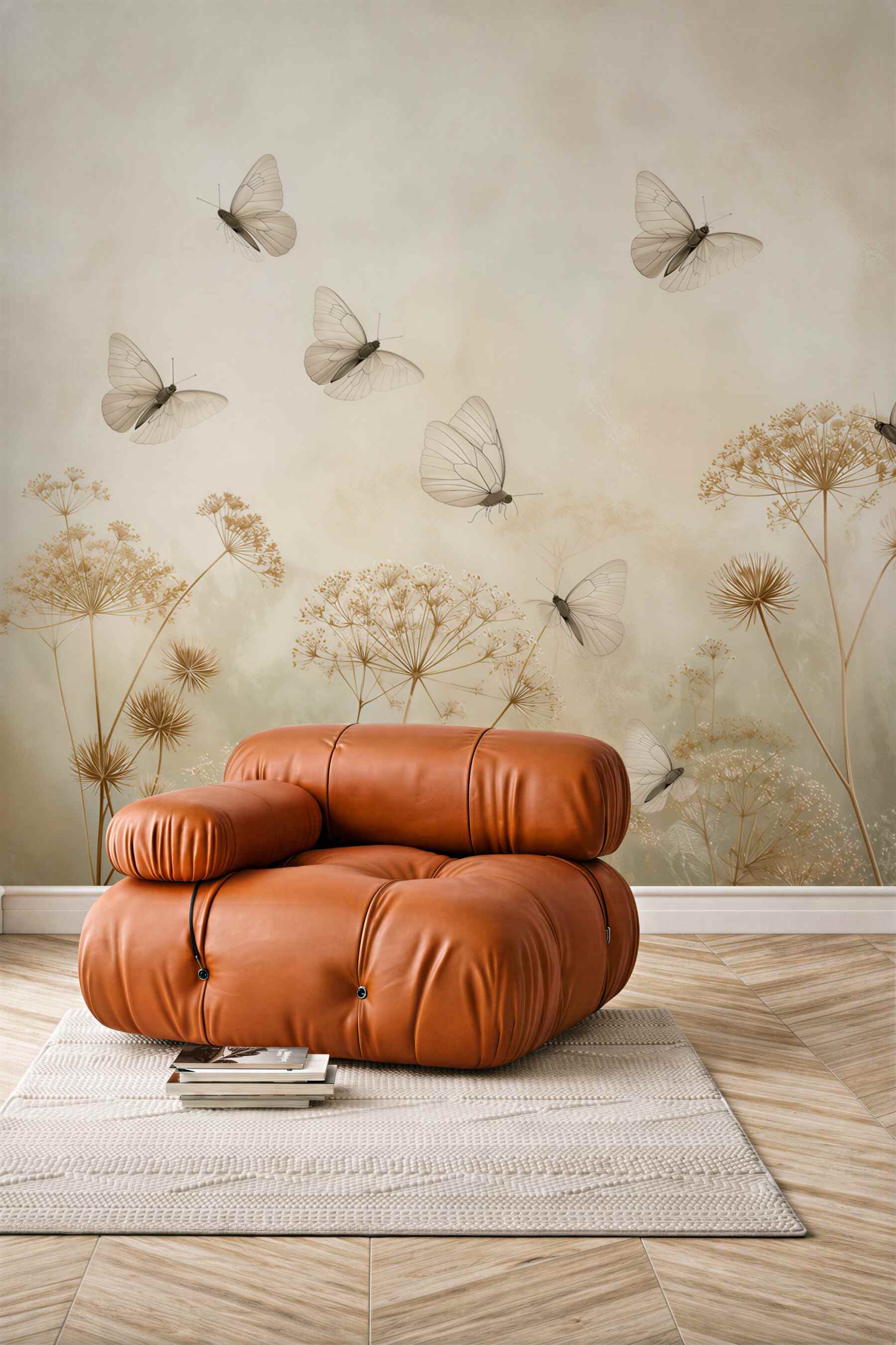 Fototapeta delikatne motyle na łące z dmuchawcami beżowa naturalna