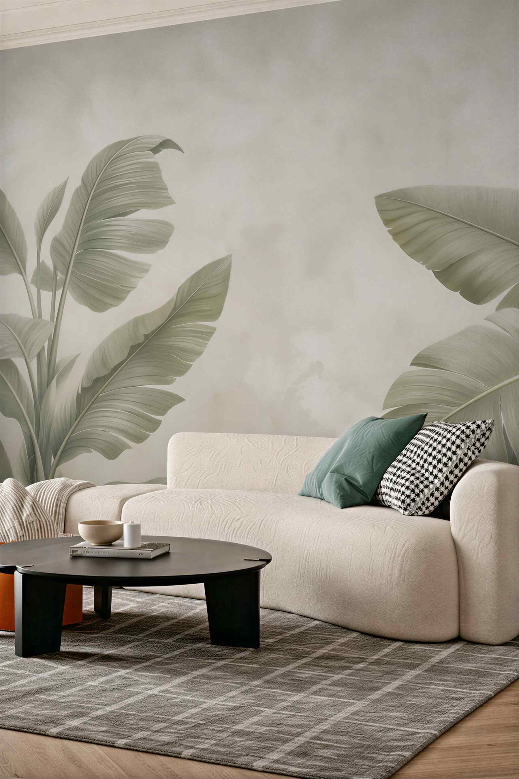 Fototapeta liście bananowca beżowo zielone subtelne tropikalne