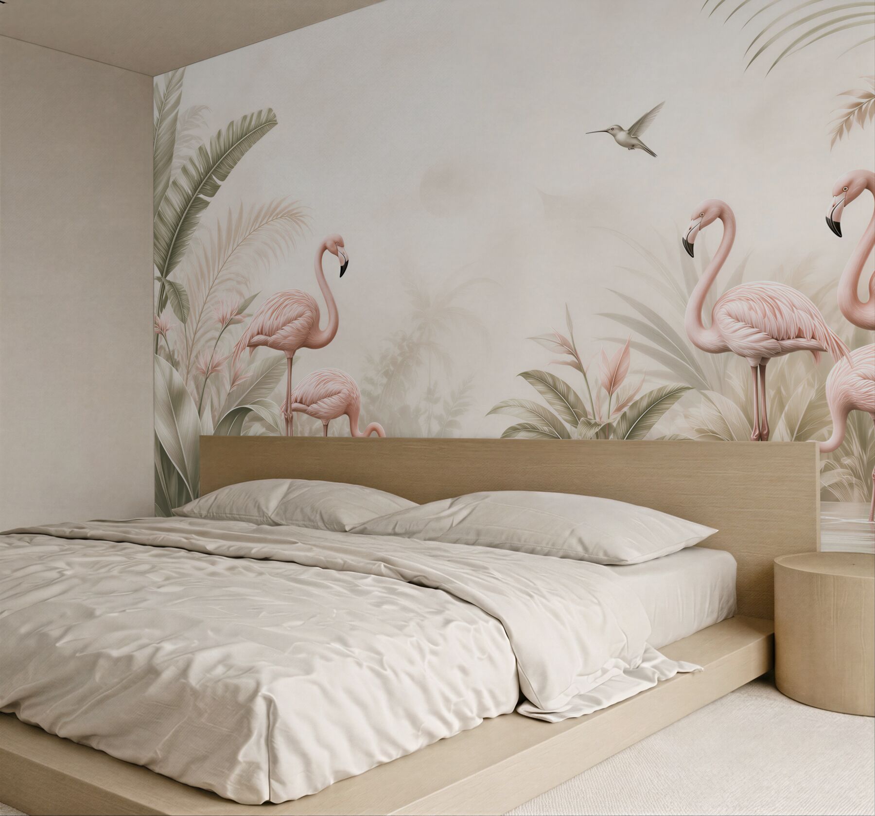 Fototapeta flamingi wśród tropikalnych liści pastelowa beżowa