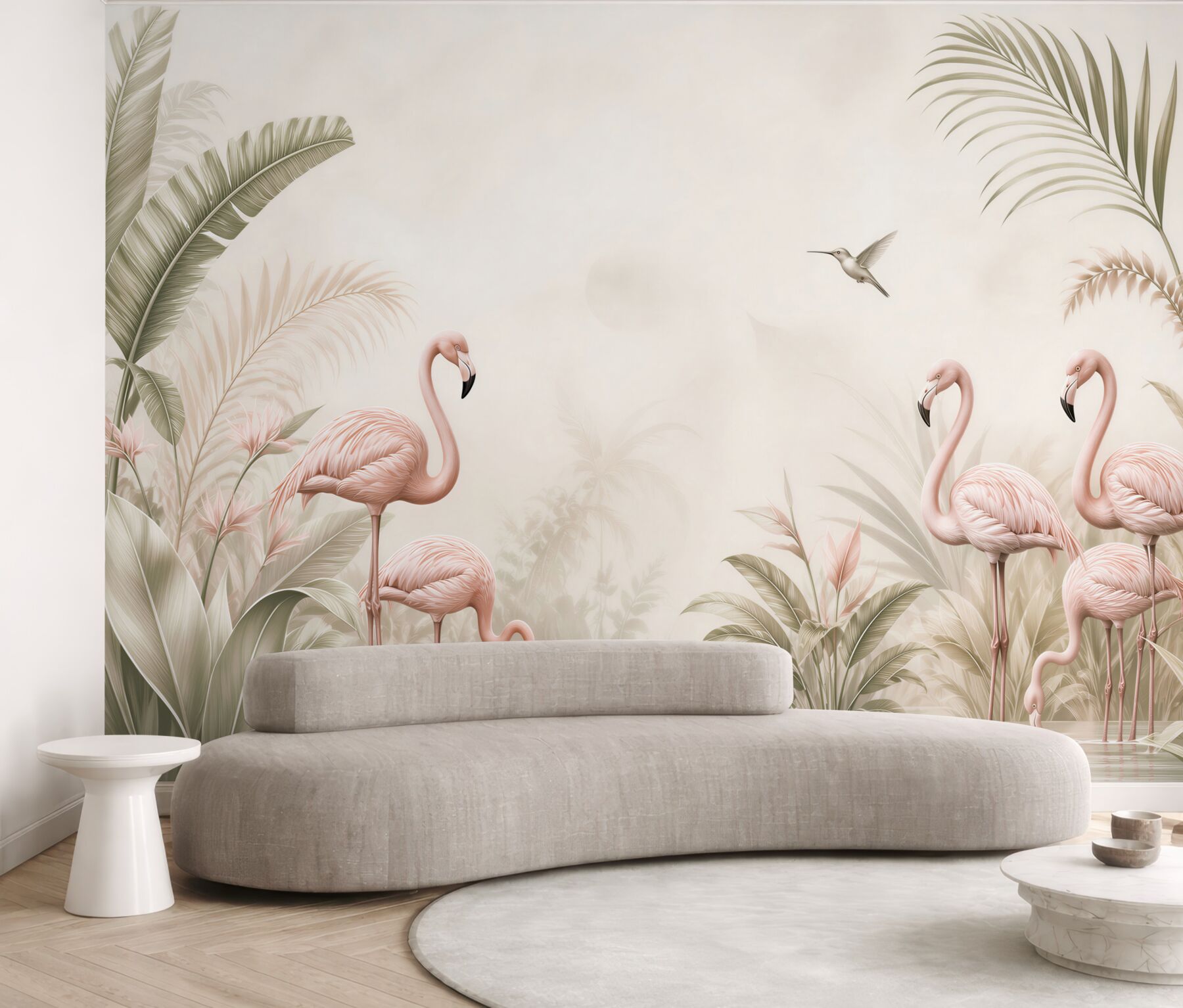 Fototapeta flamingi wśród tropikalnych liści pastelowa beżowa