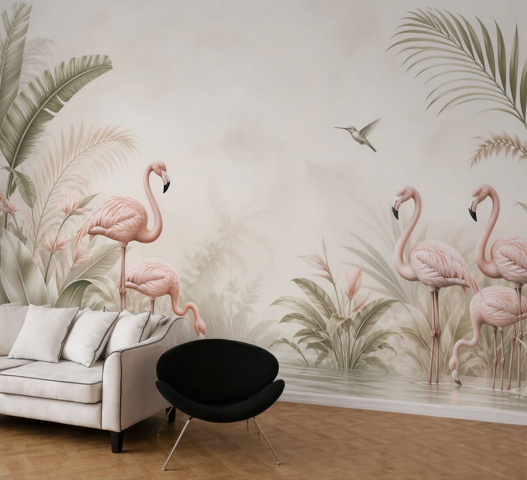 Fototapeta flamingi wśród tropikalnych liści pastelowa beżowa