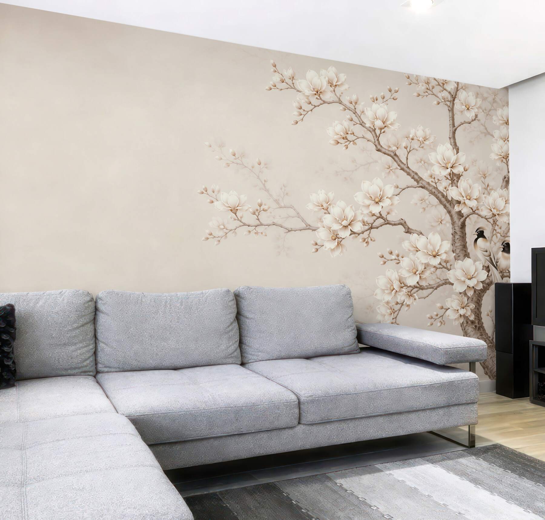 Fototapeta kwitnące magnolie na drzewie z ptakami w beżowych odcieniach