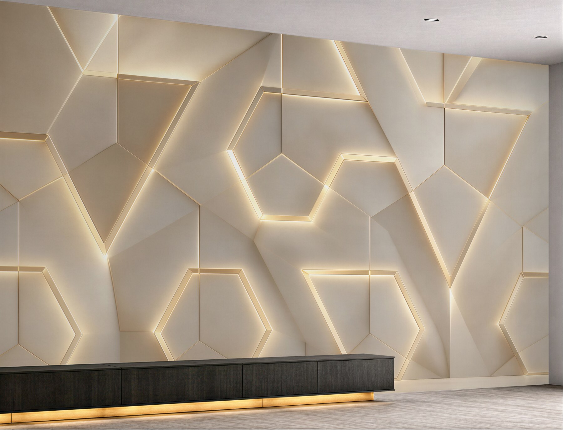 Fototapeta geometryczne panele 3D beżowe z podświetleniem led nowoczesne