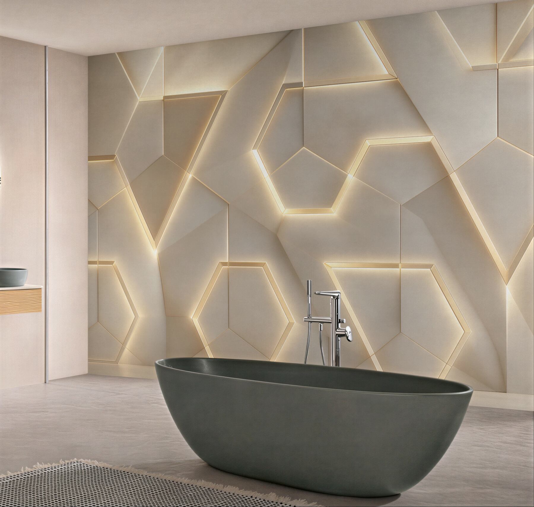 Fototapeta geometryczne panele 3D beżowe z podświetleniem led nowoczesne