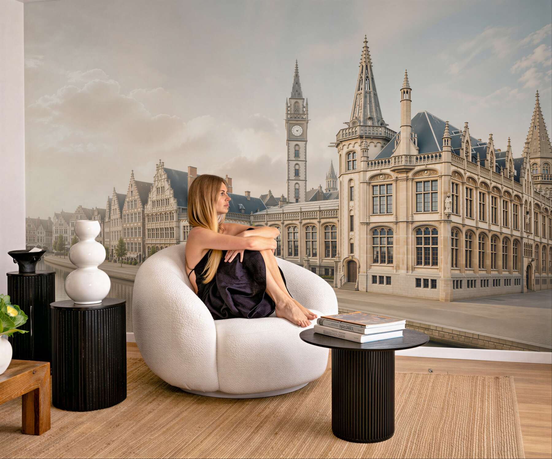 Fototapeta zabytkowa architektura nad kanałem eleganckie kamienice w jasnych beżach