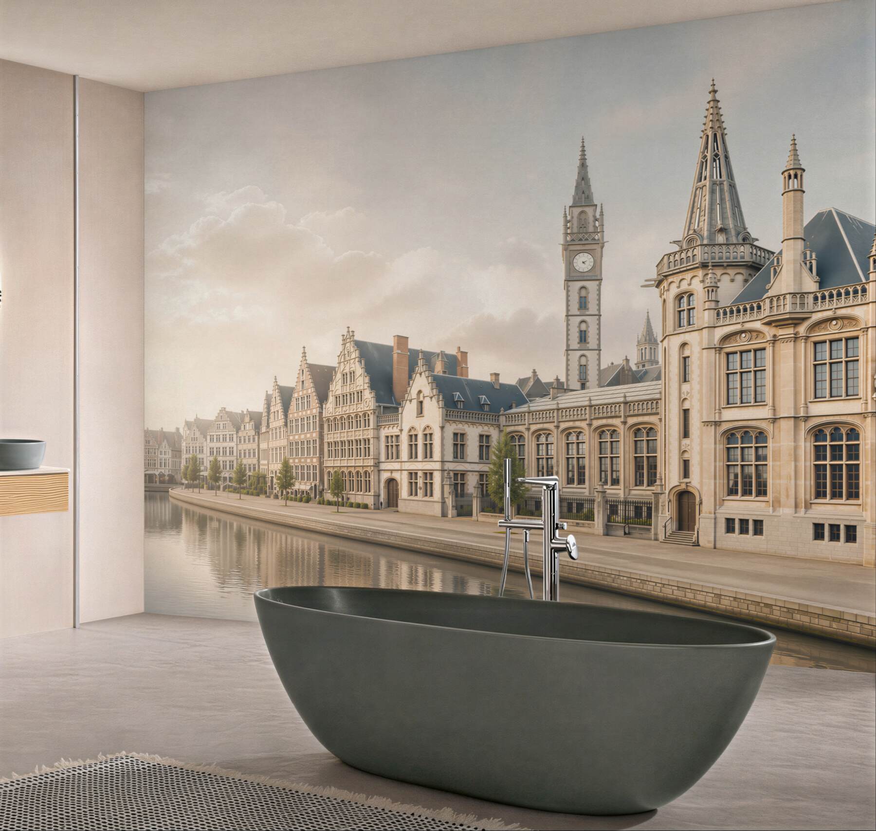 Fototapeta zabytkowa architektura nad kanałem eleganckie kamienice w jasnych beżach