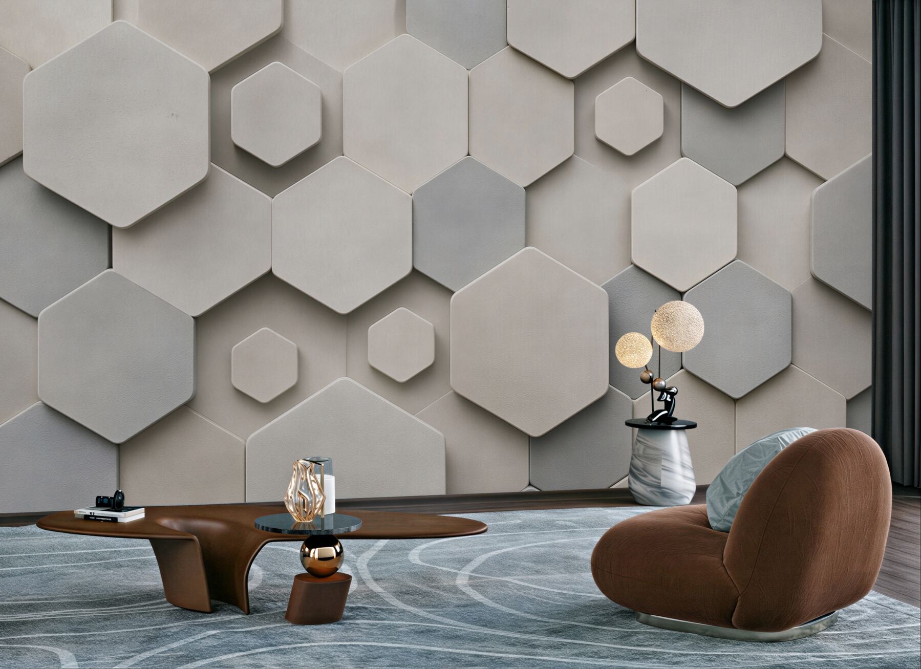 Fototapeta heksagony 3D beżowo szare nowoczesny wzór geometryczny