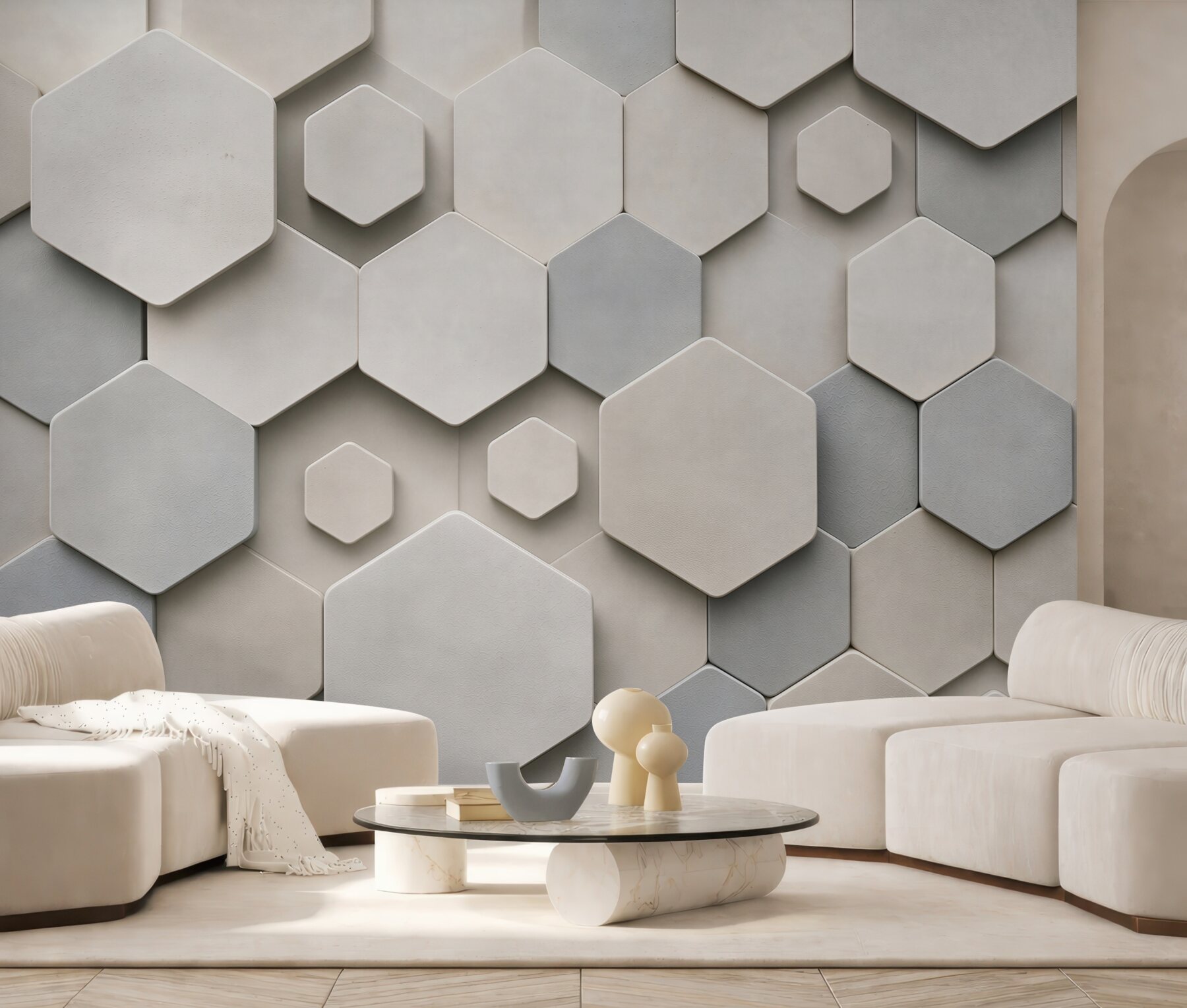 Fototapeta heksagony 3D beżowo szare nowoczesny wzór geometryczny
