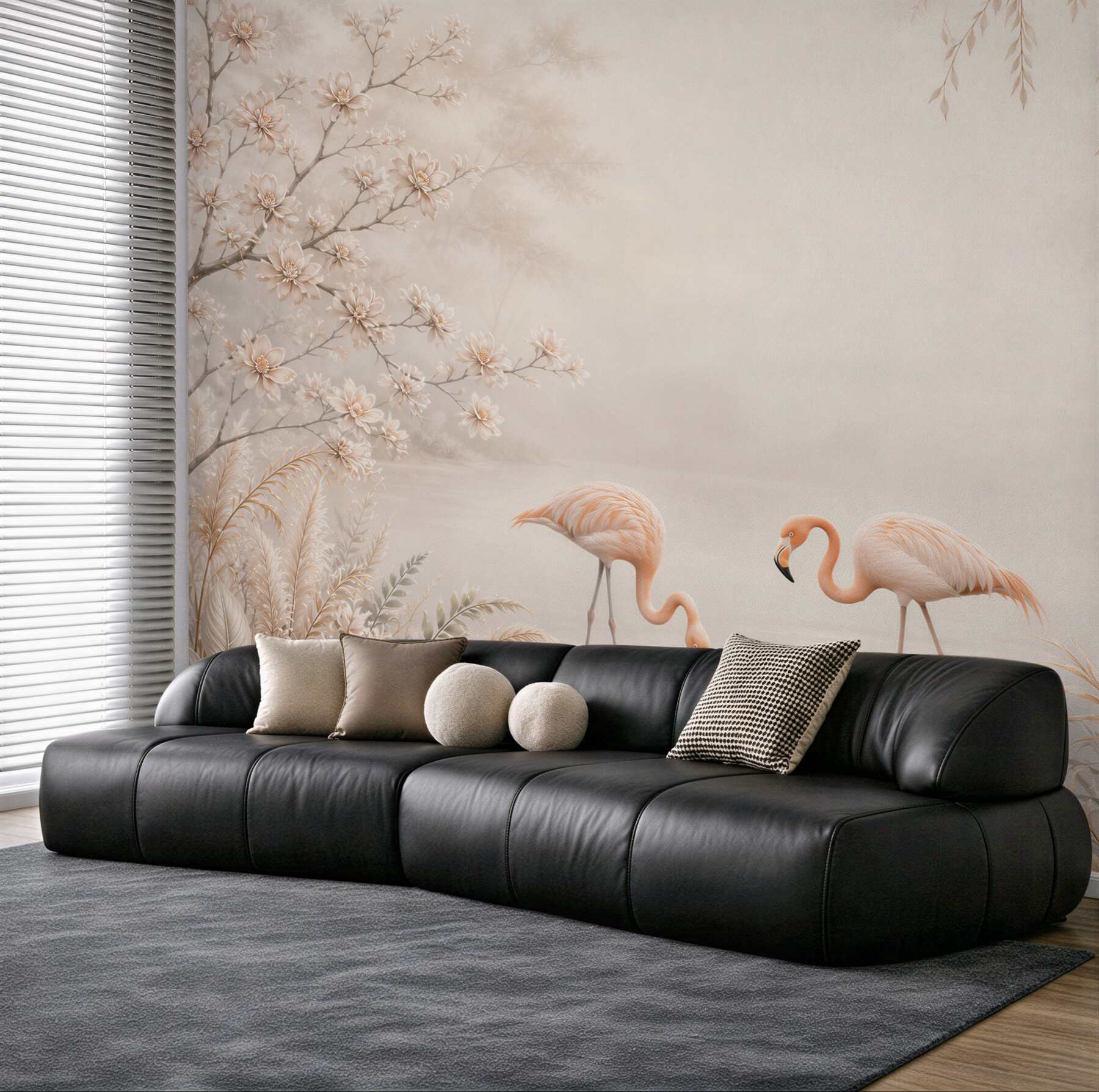 Fototapeta dwa flamingi nad jeziorem w beżowej scenerii kwiatowej