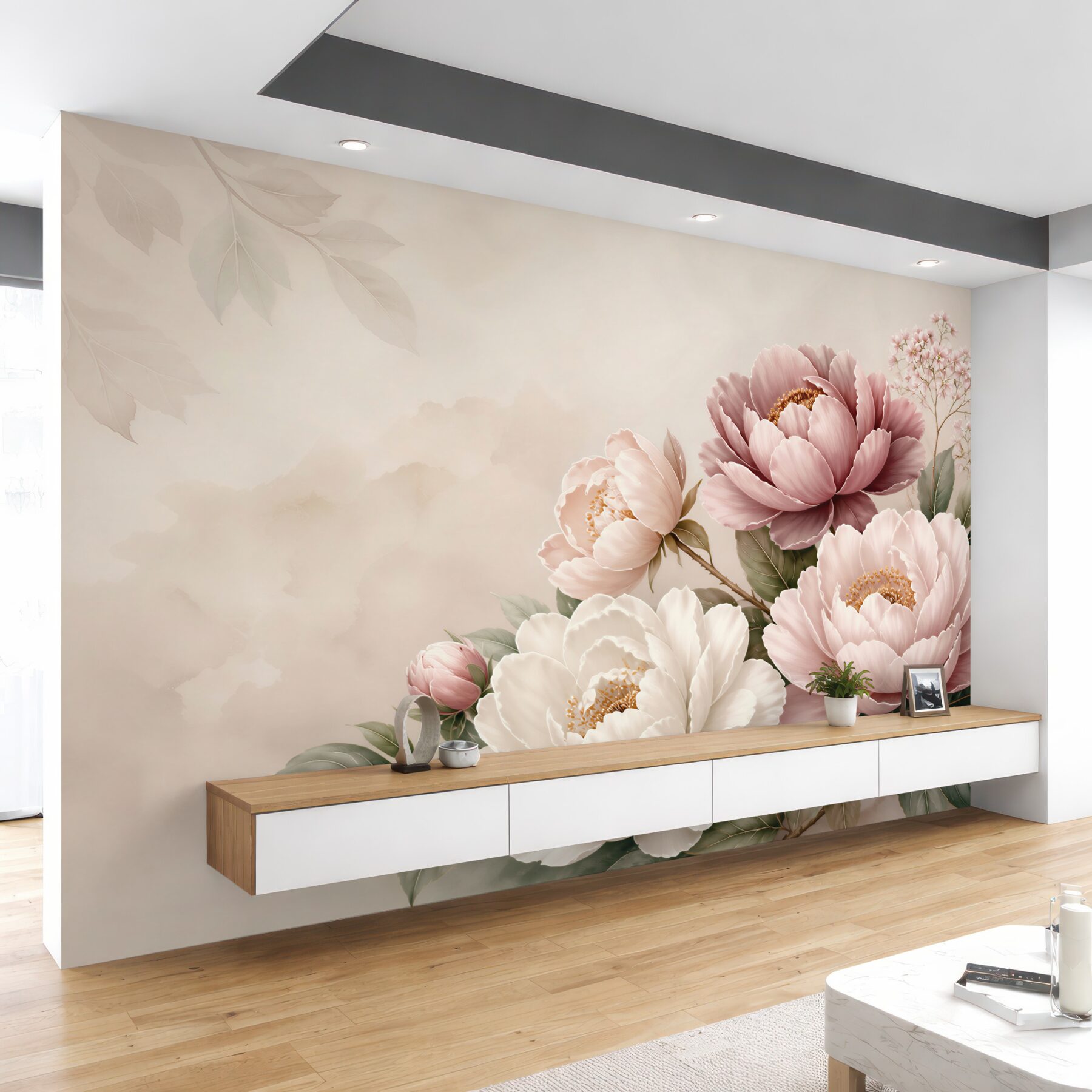 Fototapeta piwonie pudrowy róż i biel na beżowym tle elegancka