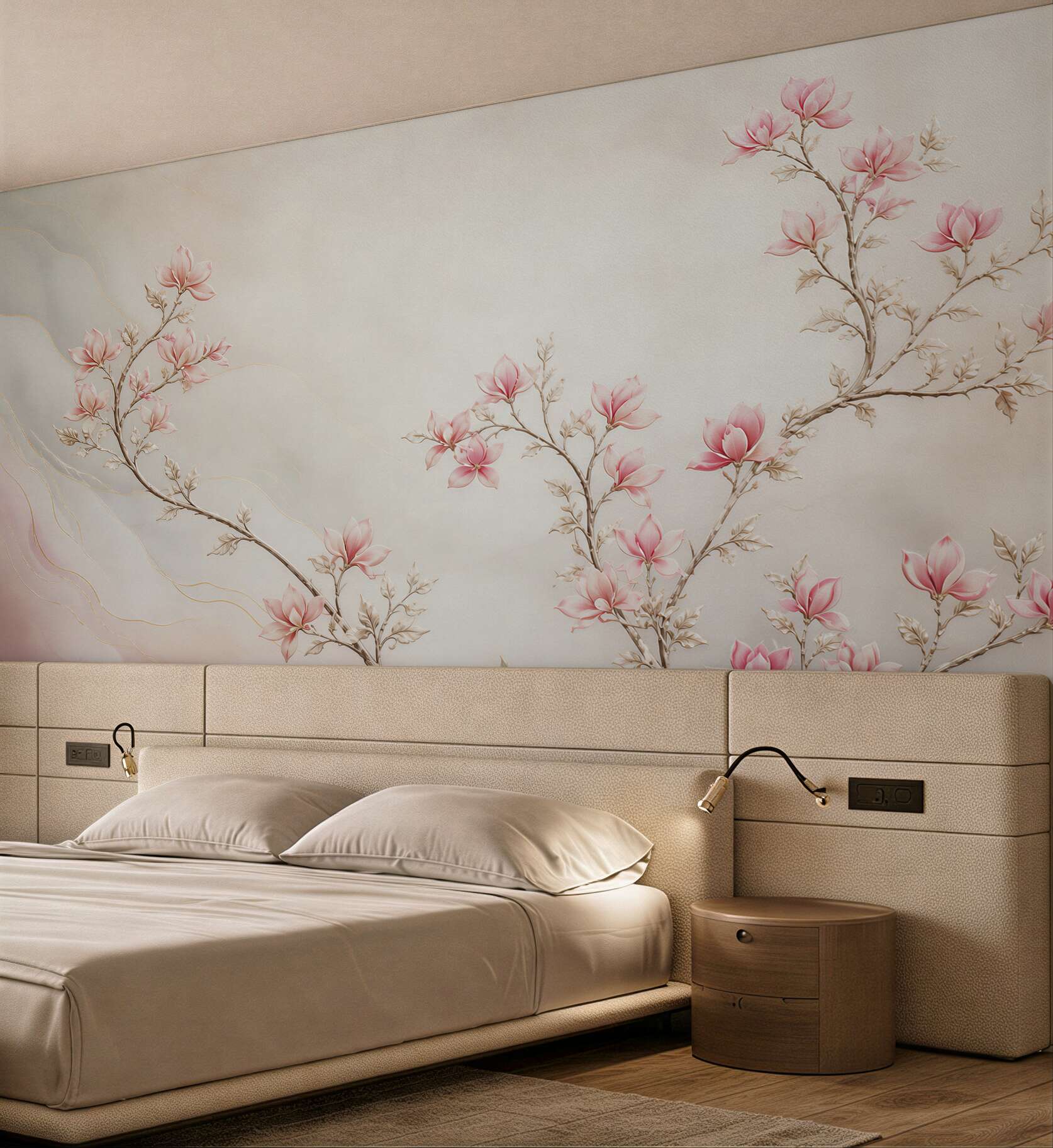 Fototapeta gałązki magnolii różowe z delikatnymi złotymi liniami