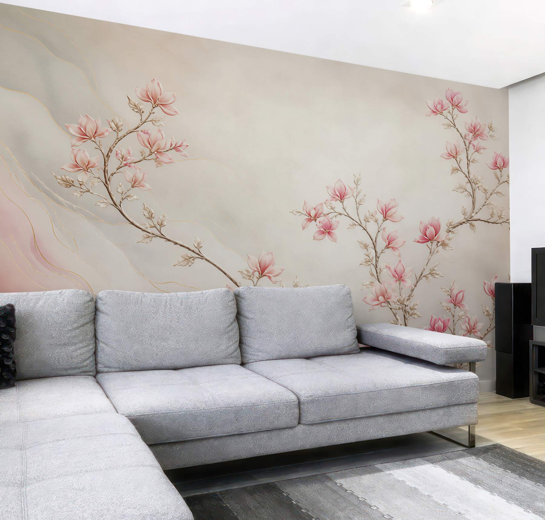 Fototapeta gałązki magnolii różowe z delikatnymi złotymi liniami