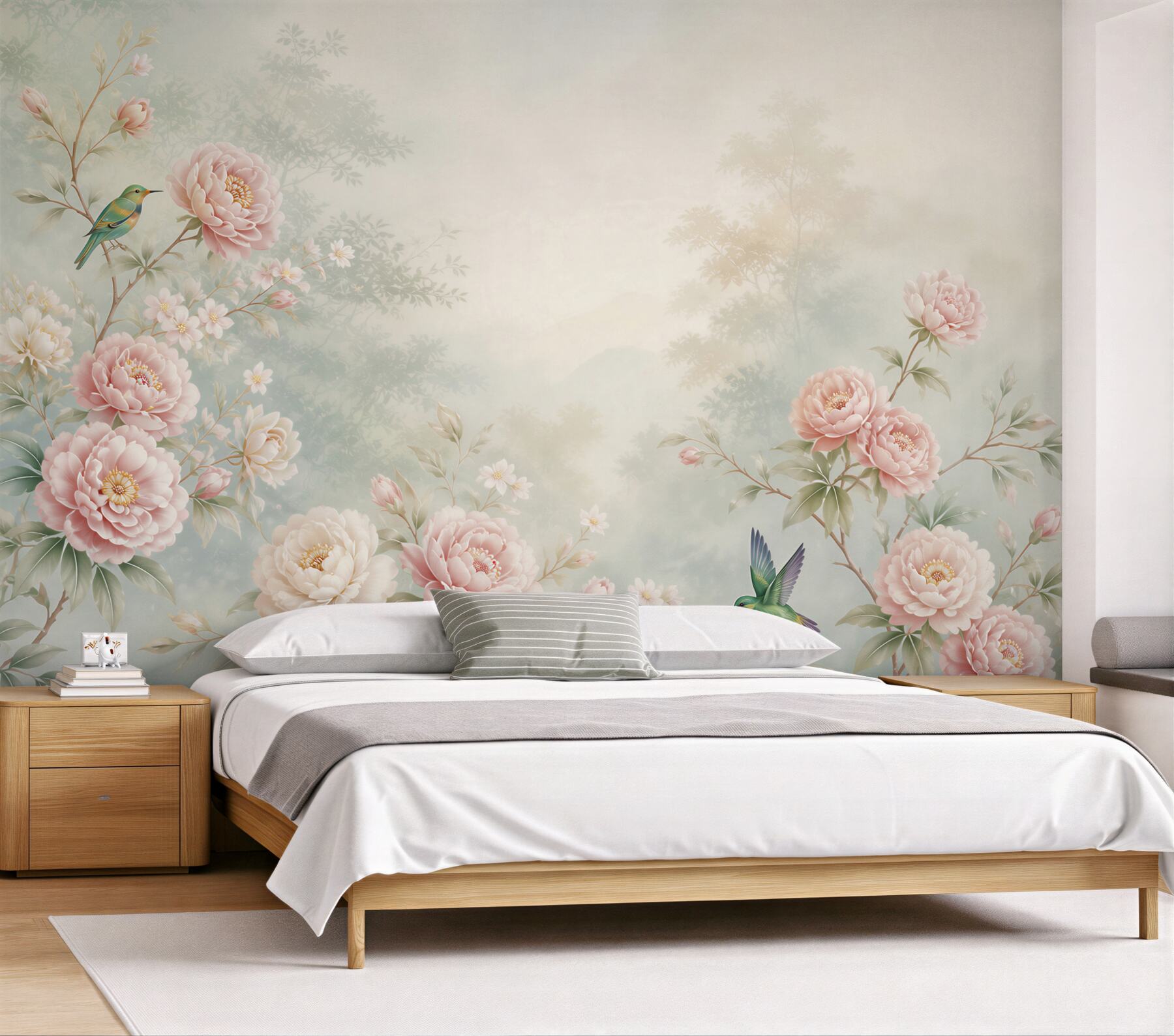 Fototapeta pastelowe piwonie z kolibrami i ptakami romantyczna