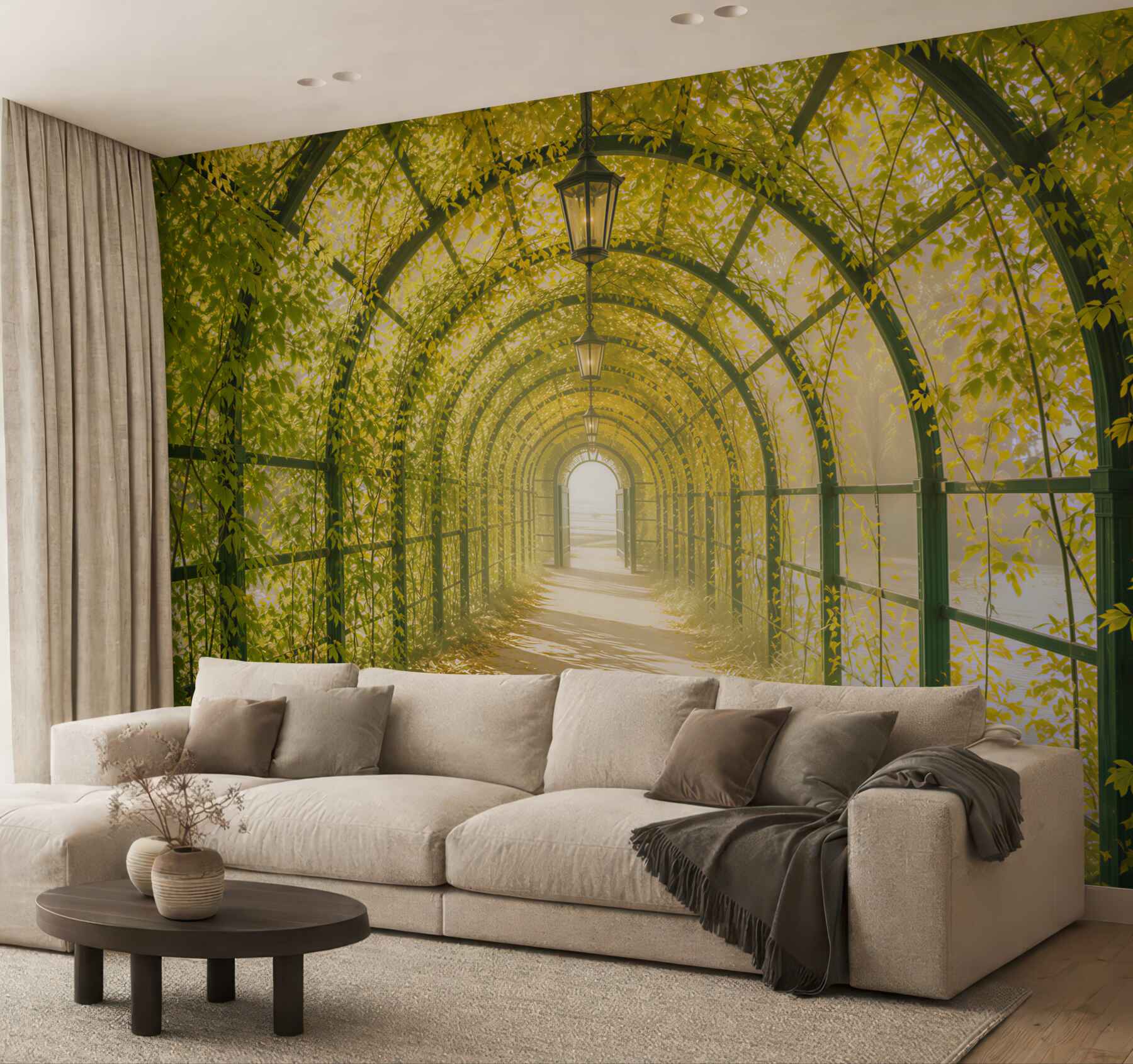 Fototapeta zielony tunel z pnączy i lampionów romantyczna alejka