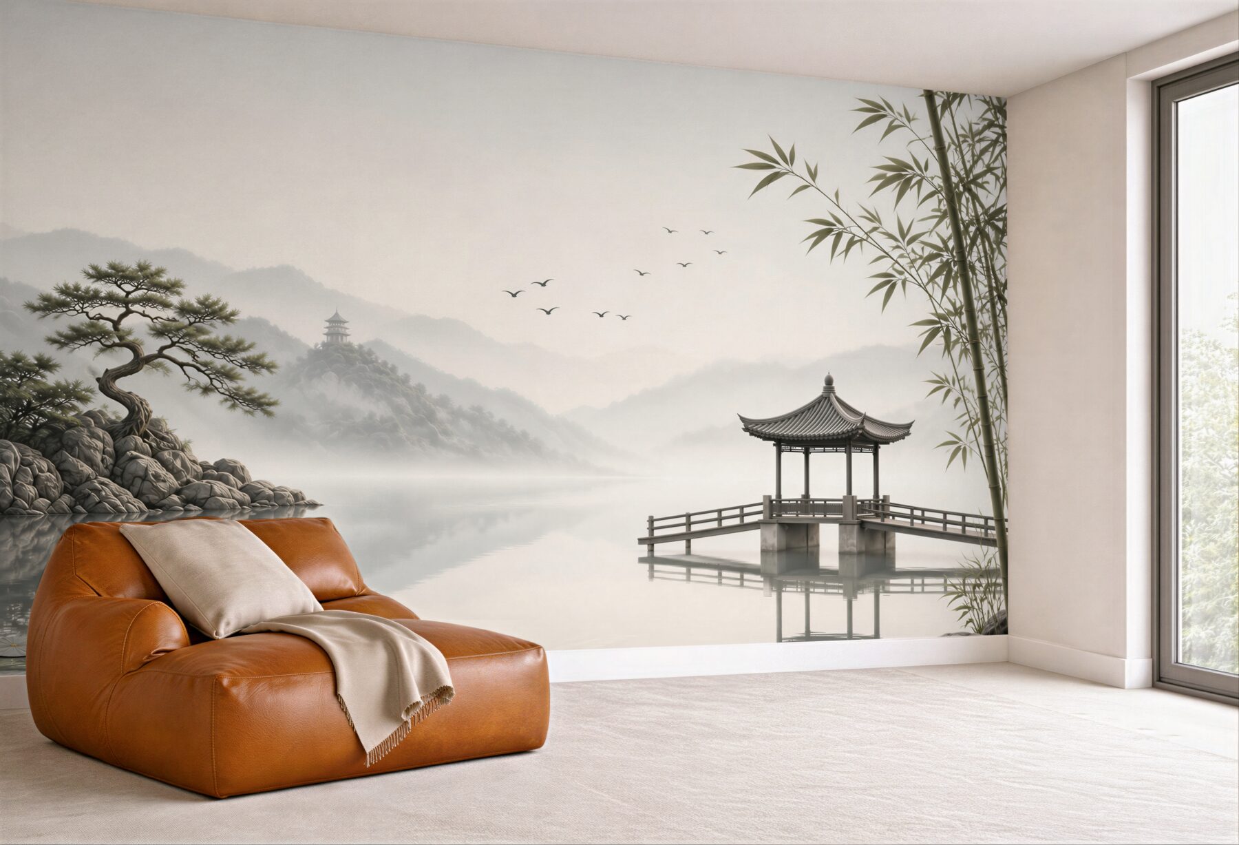 Fototapeta orientalny krajobraz z pawilonem i bambusem w stylu zen
