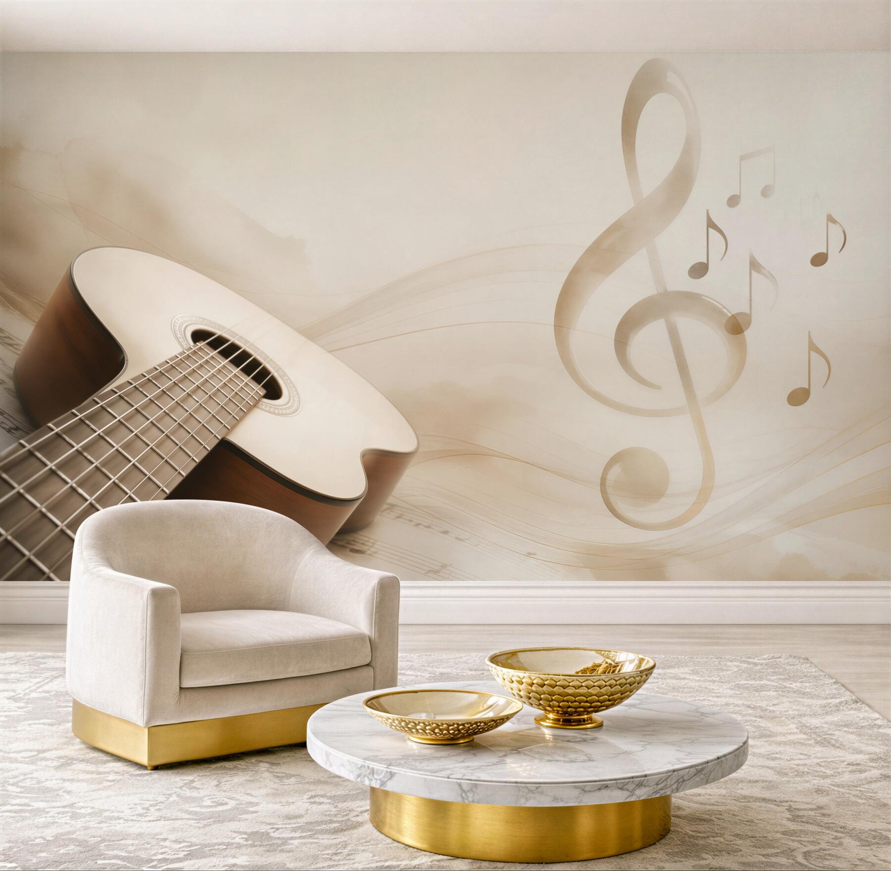 Fototapeta gitara i nuty w beżowych tonach do pokoju muzycznego
