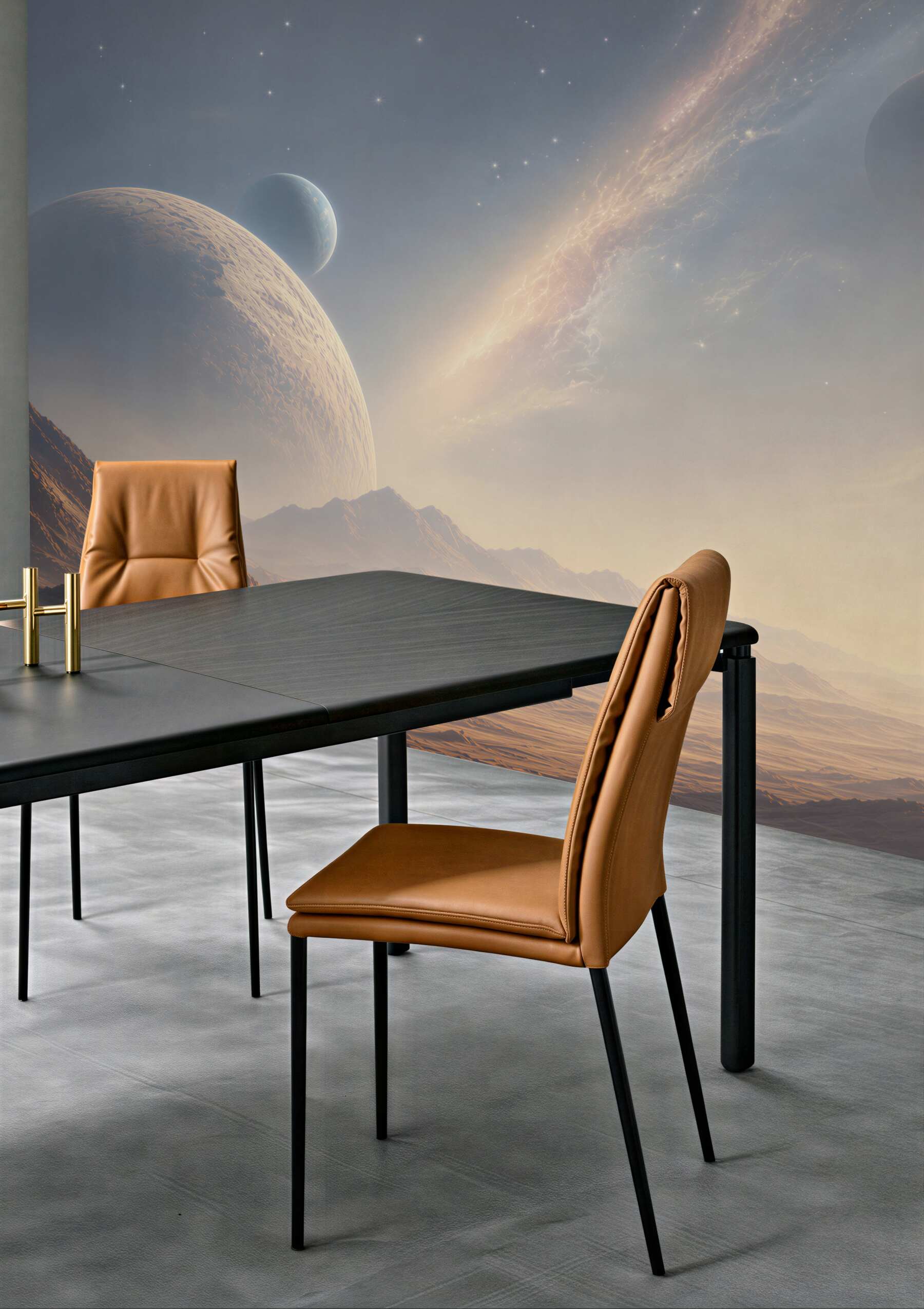 Fototapeta kosmiczny krajobraz z planetami i górami w jasnych barwach