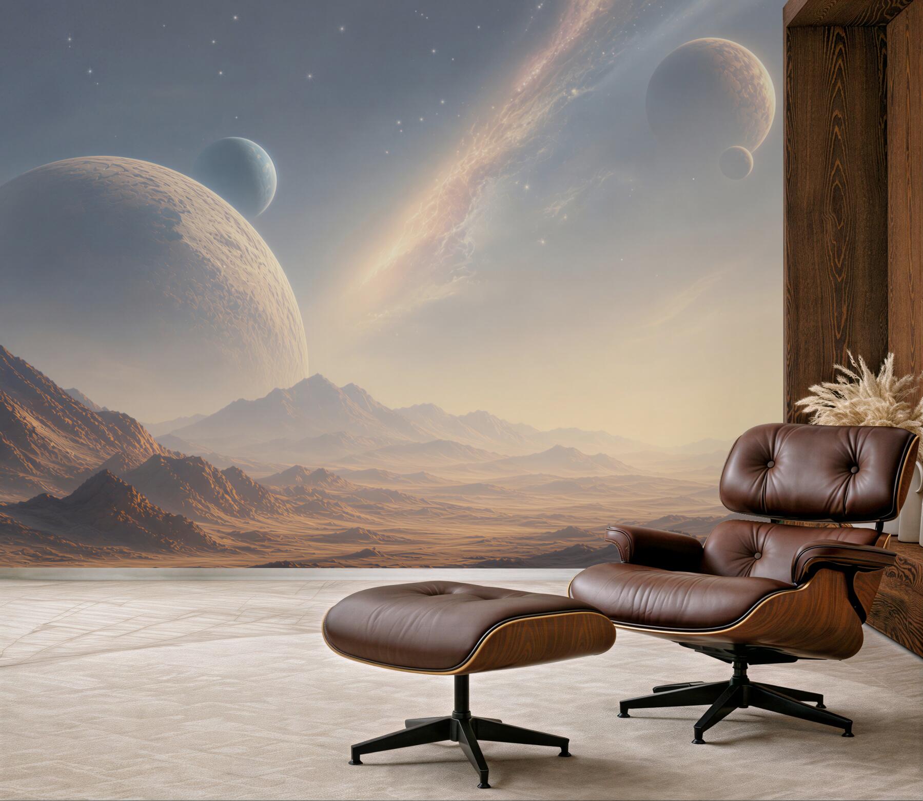 Fototapeta kosmiczny krajobraz z planetami i górami w jasnych barwach
