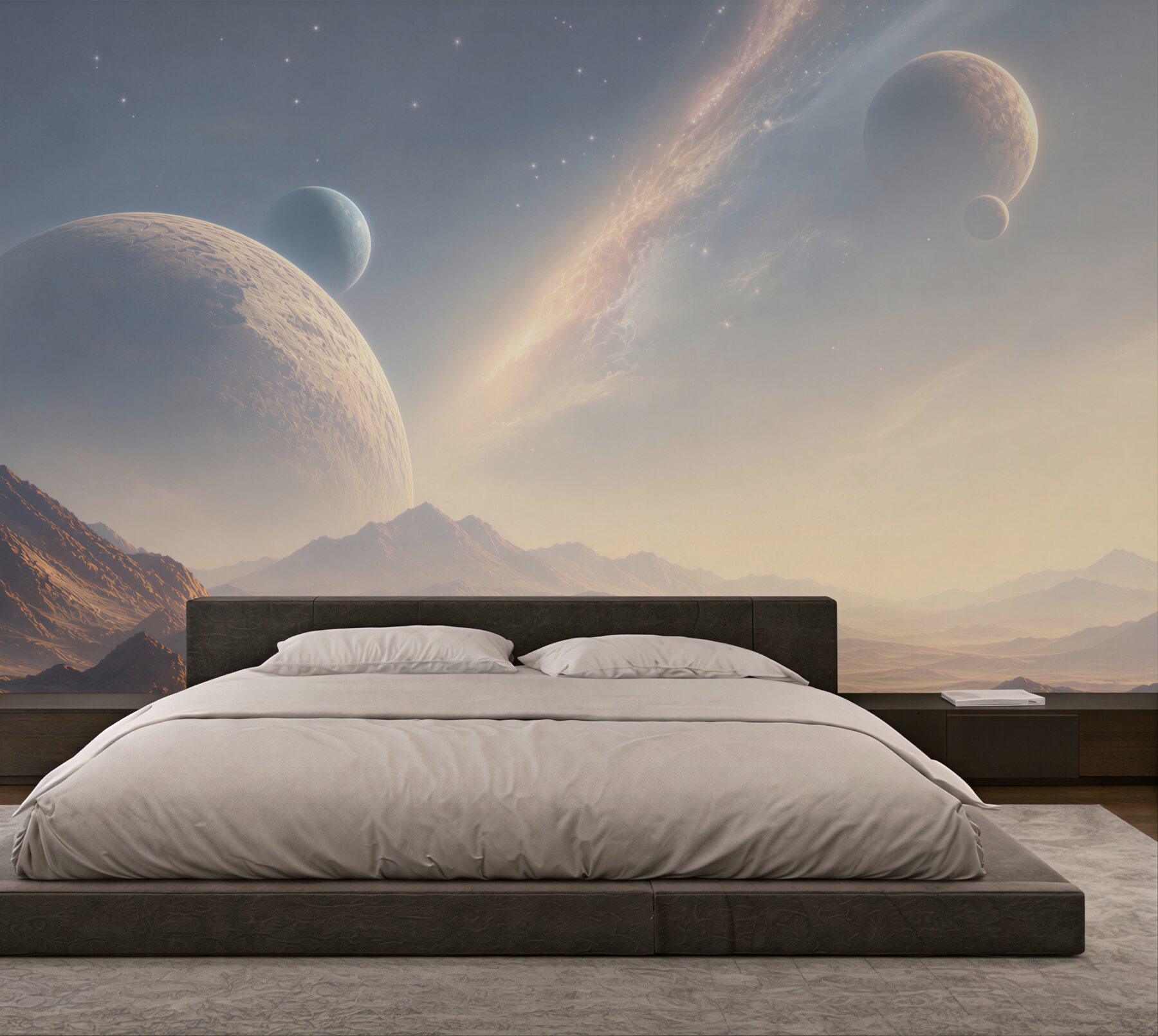 Fototapeta kosmiczny krajobraz z planetami i górami w jasnych barwach