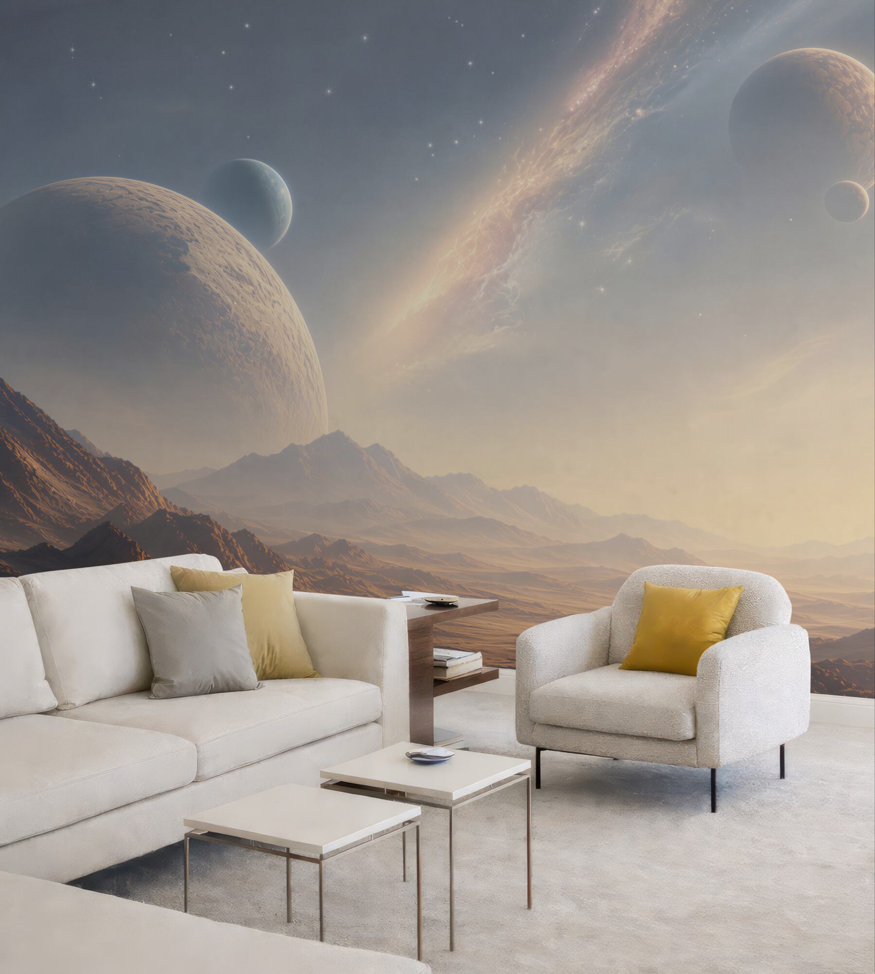 Fototapeta kosmiczny krajobraz z planetami i górami w jasnych barwach