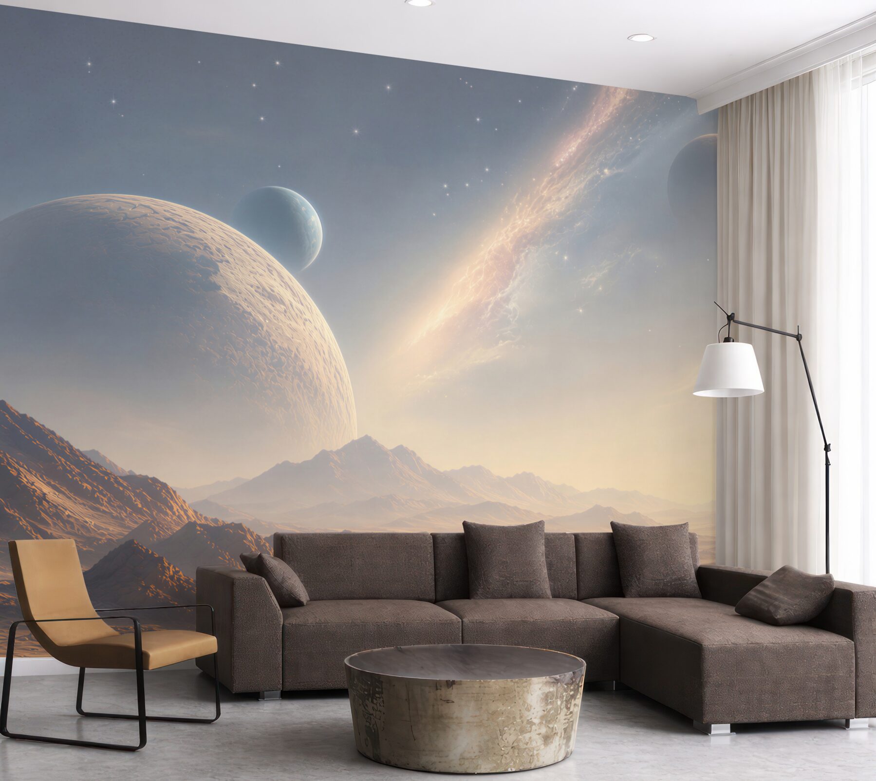 Fototapeta kosmiczny krajobraz z planetami i górami w jasnych barwach