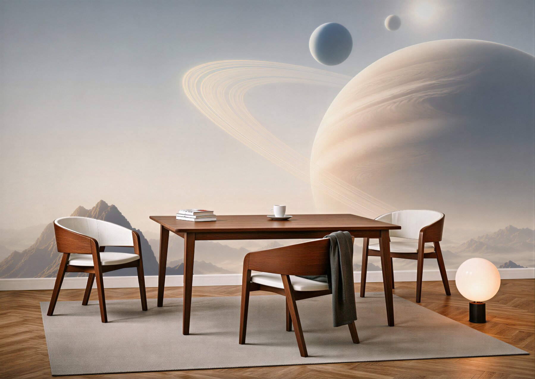 Fototapeta planeta z pierścieniami nad mglistymi górami futurystyczna