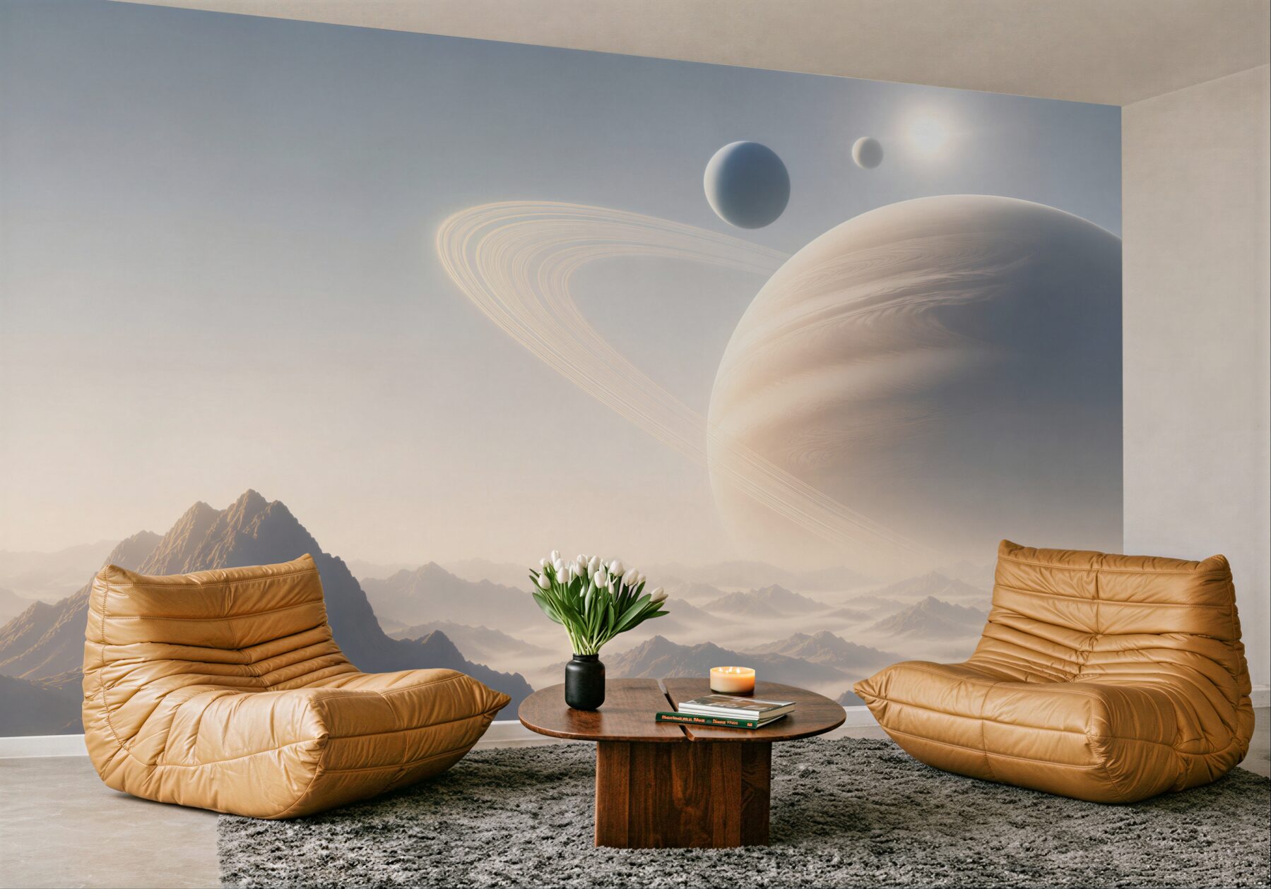 Fototapeta planeta z pierścieniami nad mglistymi górami futurystyczna