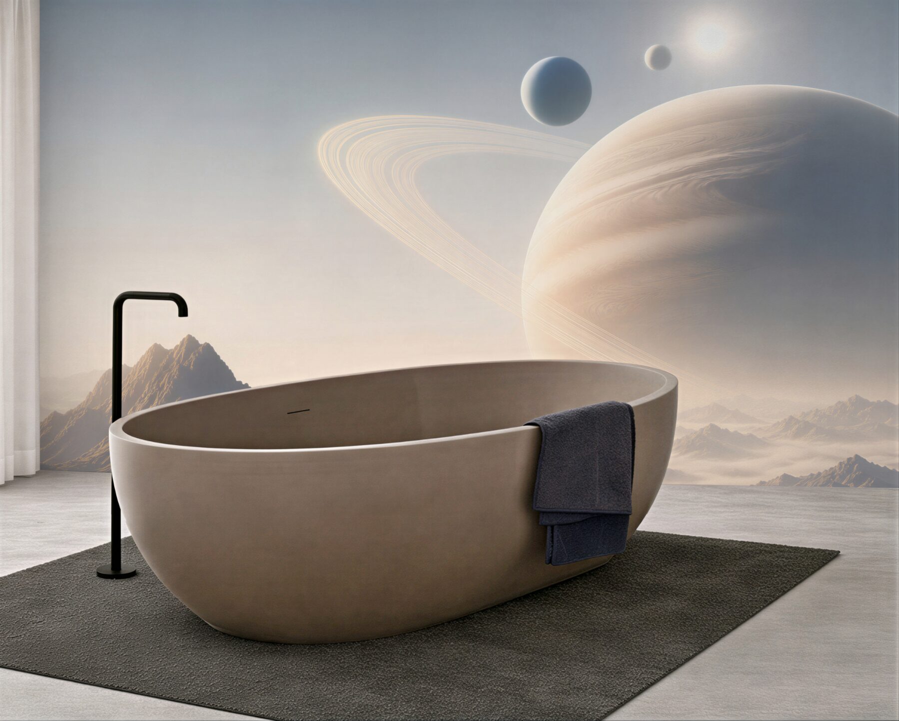 Fototapeta planeta z pierścieniami nad mglistymi górami futurystyczna