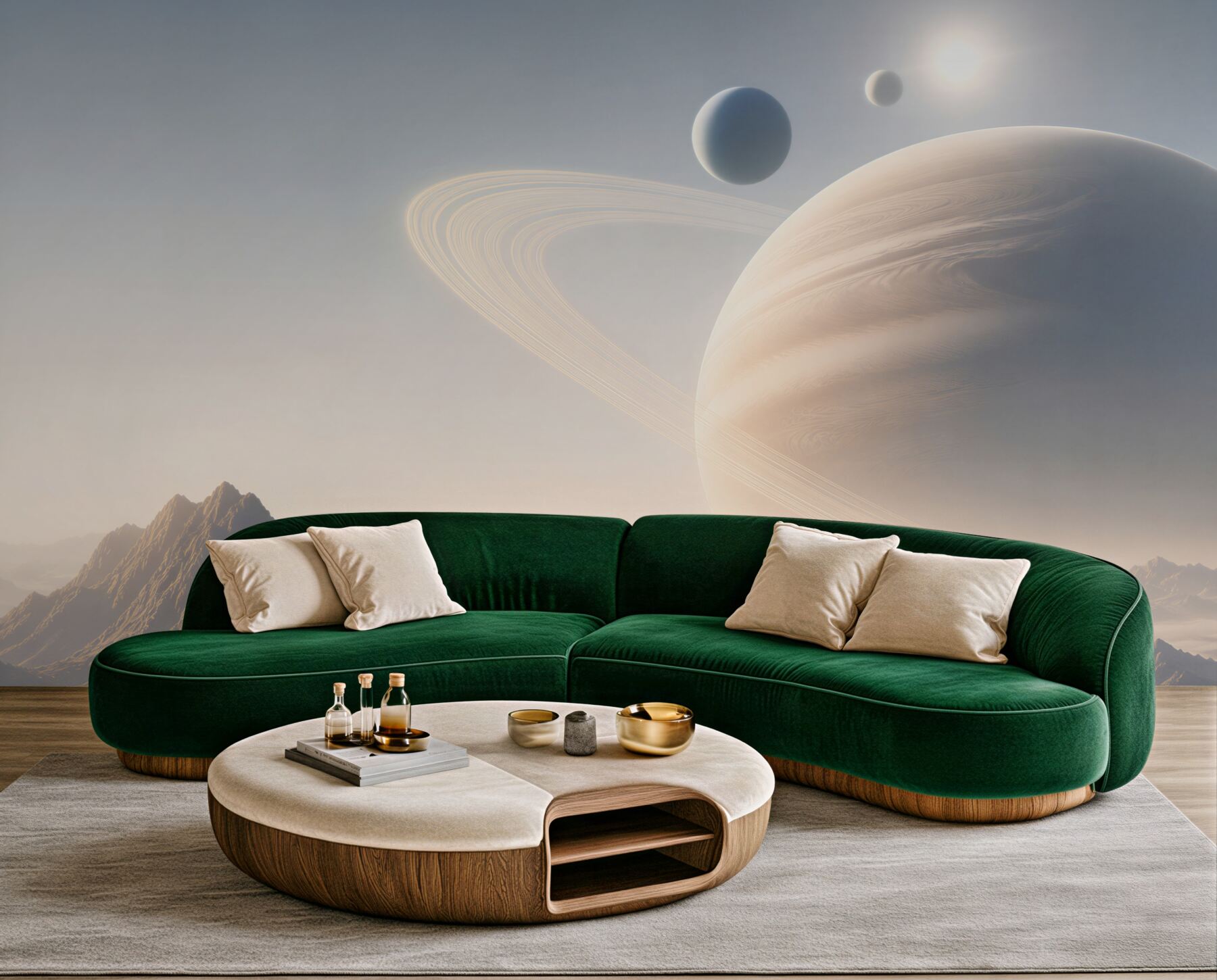Fototapeta planeta z pierścieniami nad mglistymi górami futurystyczna