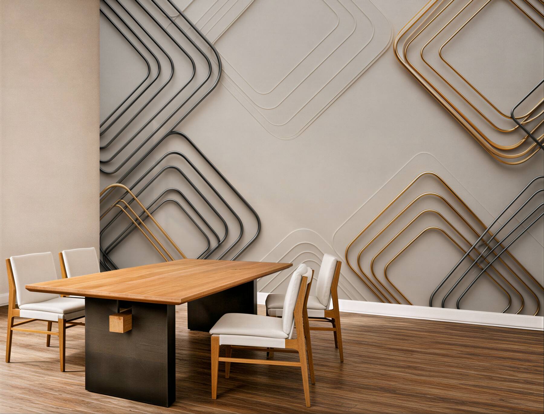 Fototapeta geometryczne złote i grafitowe linie 3D na beżowym tle
