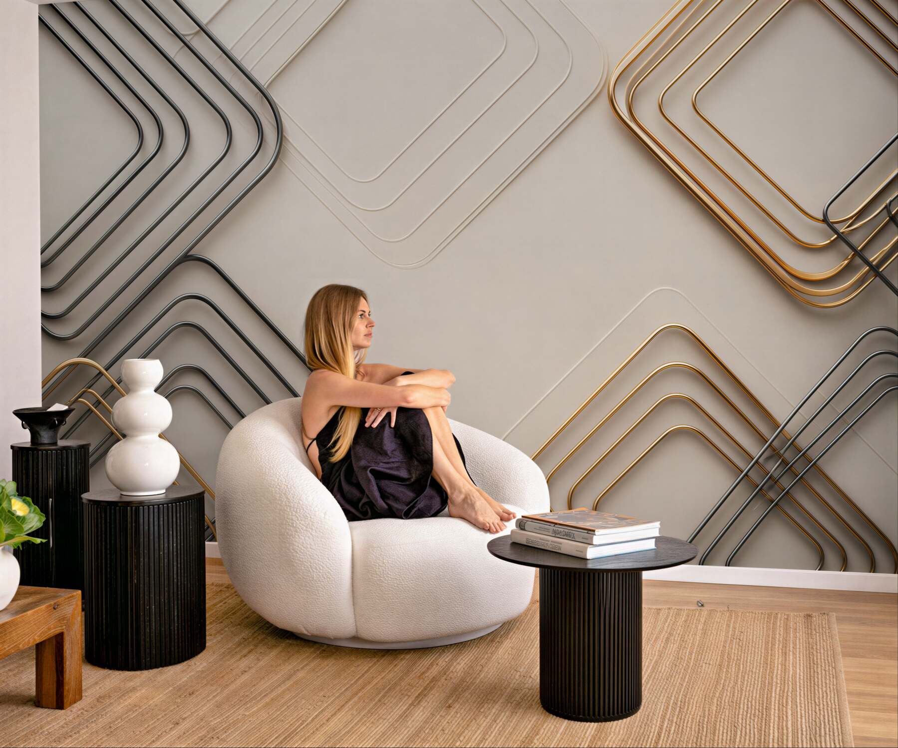 Fototapeta geometryczne złote i grafitowe linie 3D na beżowym tle