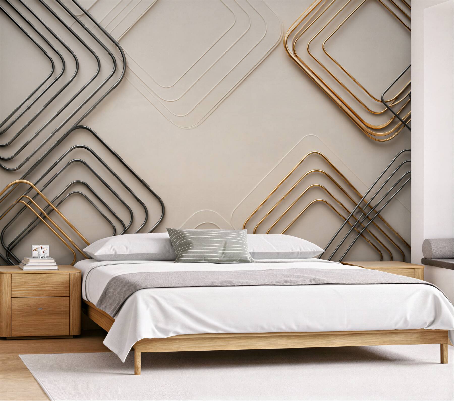 Fototapeta geometryczne złote i grafitowe linie 3D na beżowym tle