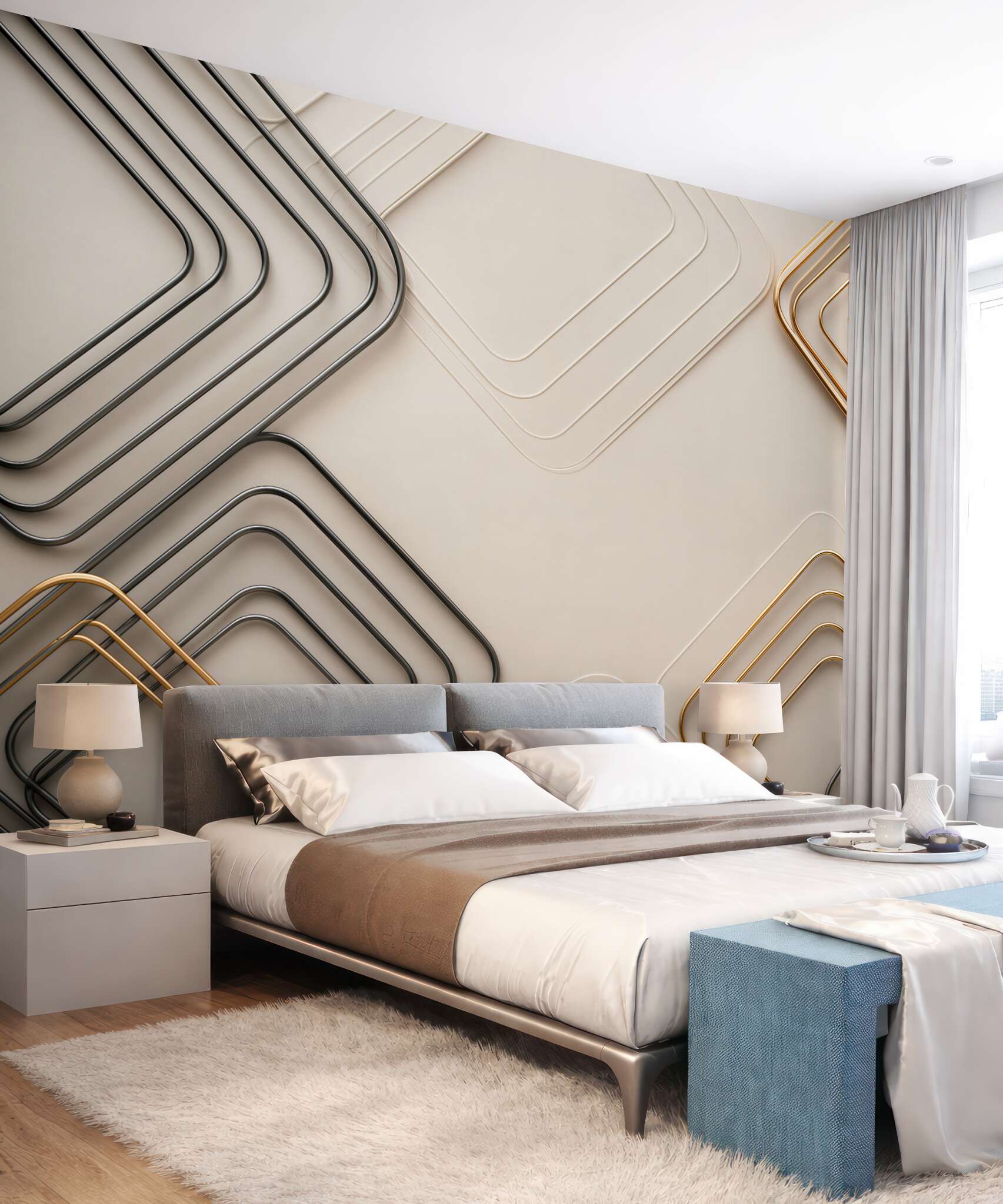Fototapeta geometryczne złote i grafitowe linie 3D na beżowym tle