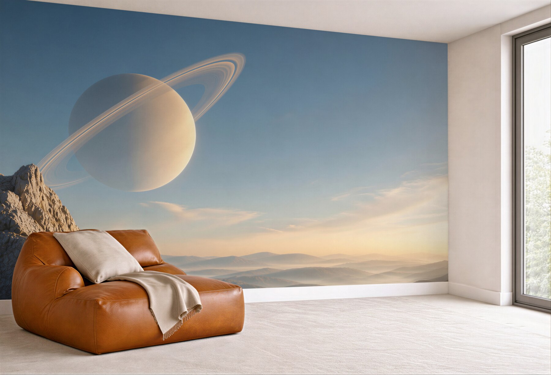 Fototapeta planeta z pierścieniami nad górskim krajobrazem fantasy