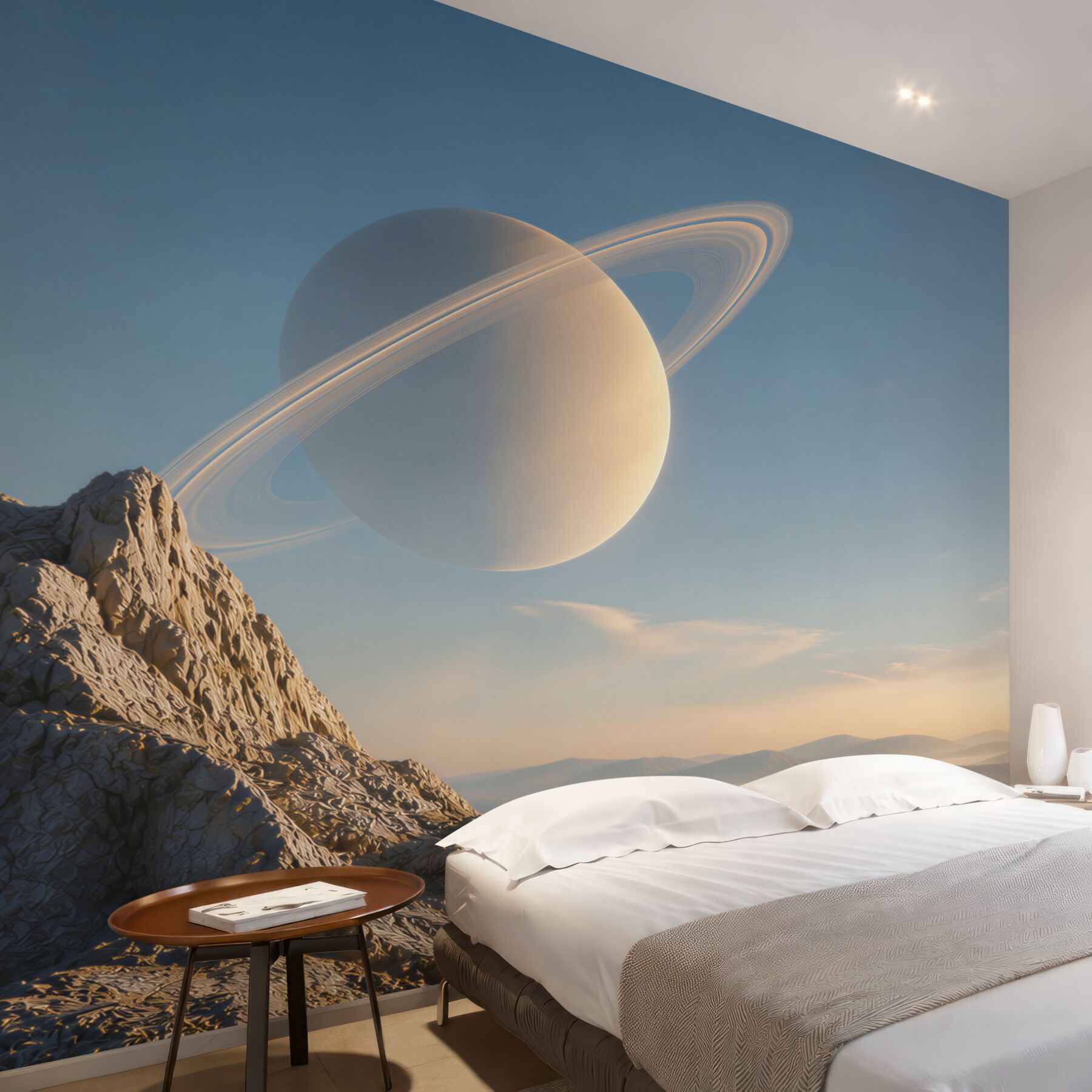 Fototapeta planeta z pierścieniami nad górskim krajobrazem fantasy