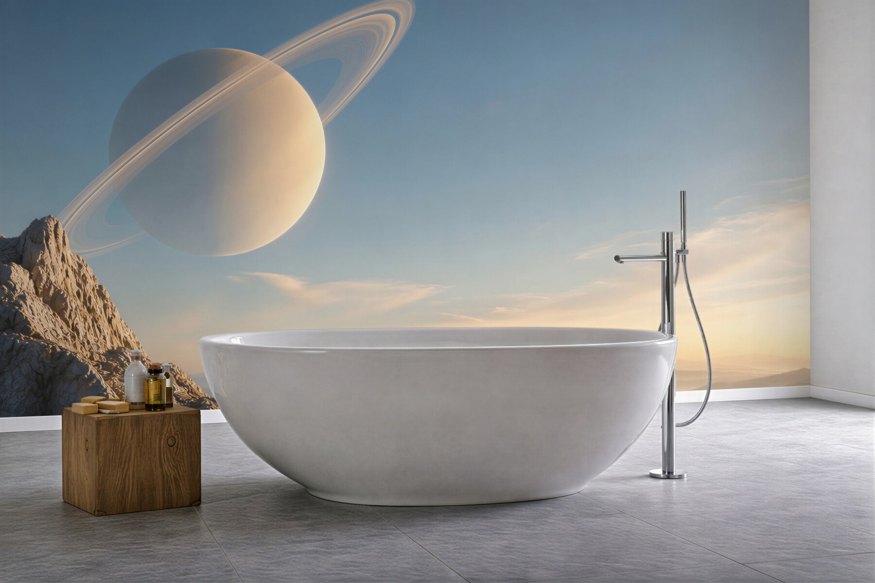 Fototapeta planeta z pierścieniami nad górskim krajobrazem fantasy