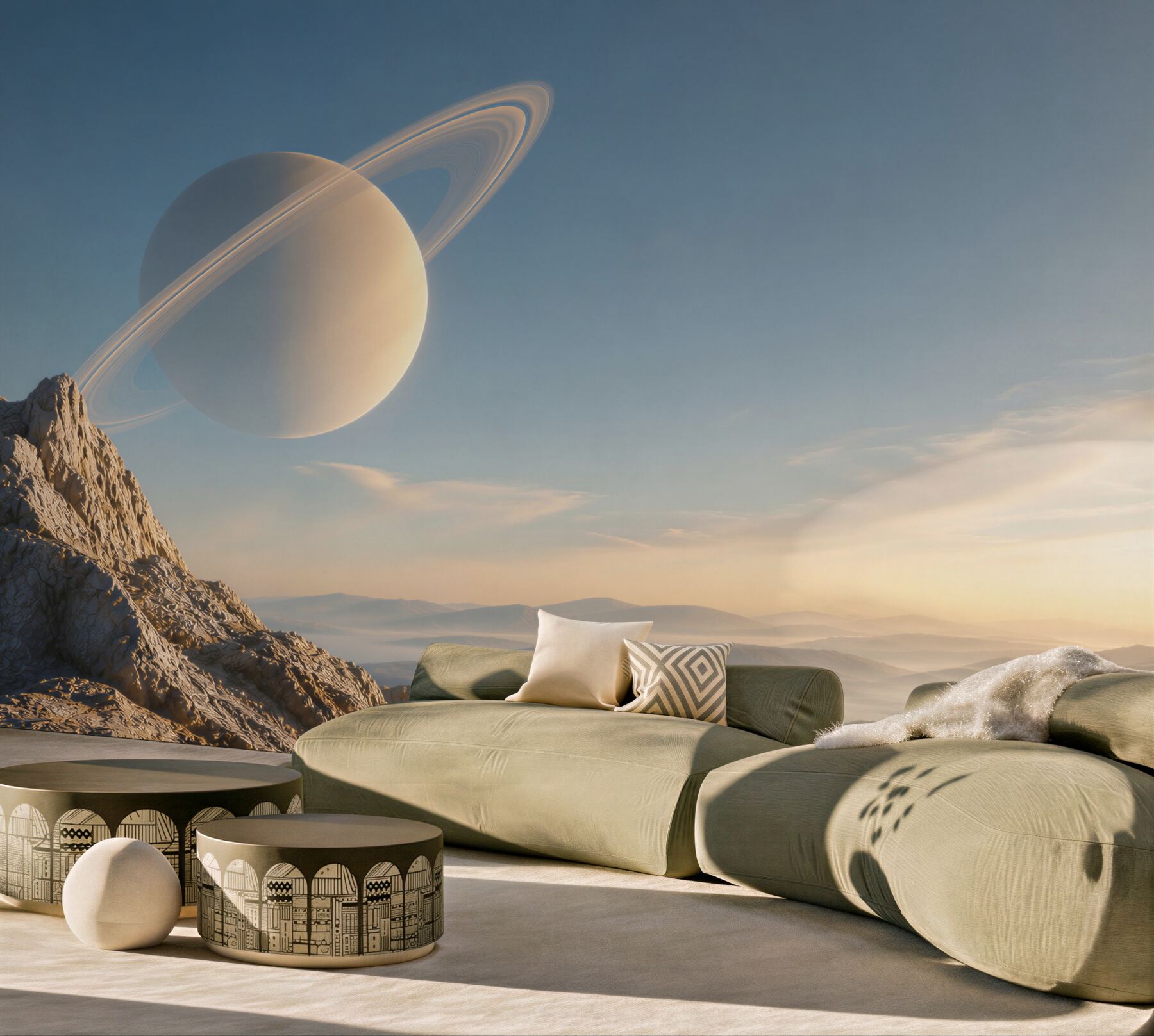 Fototapeta planeta z pierścieniami nad górskim krajobrazem fantasy