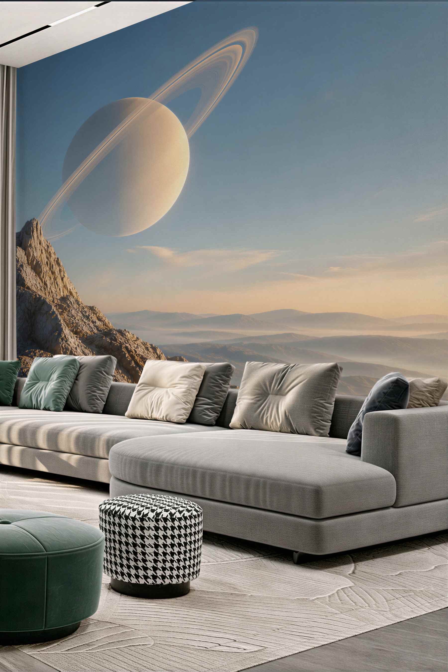 Fototapeta planeta z pierścieniami nad górskim krajobrazem fantasy