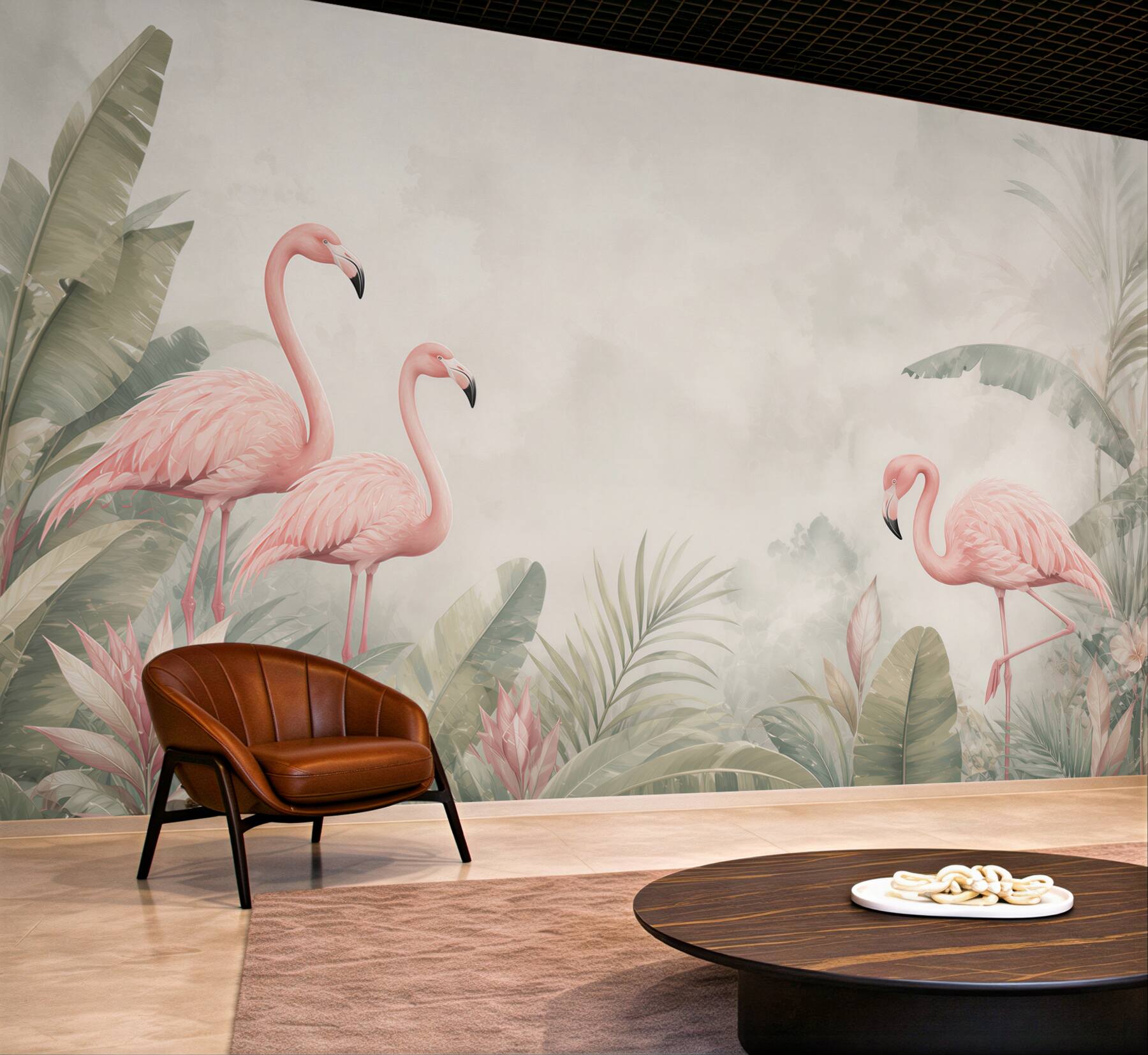 Fototapeta różowe flamingi w tropikalnych liściach pastelowa