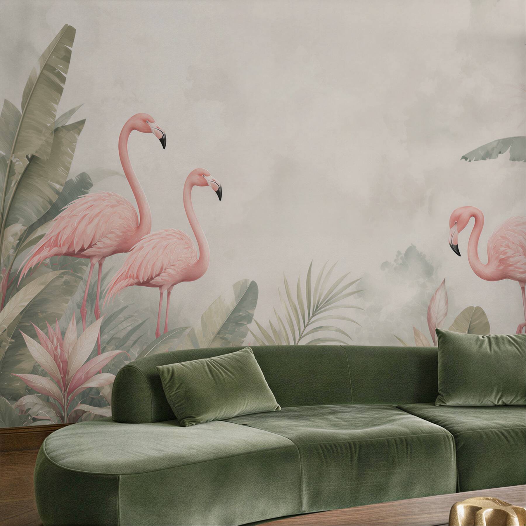 Fototapeta różowe flamingi w tropikalnych liściach pastelowa