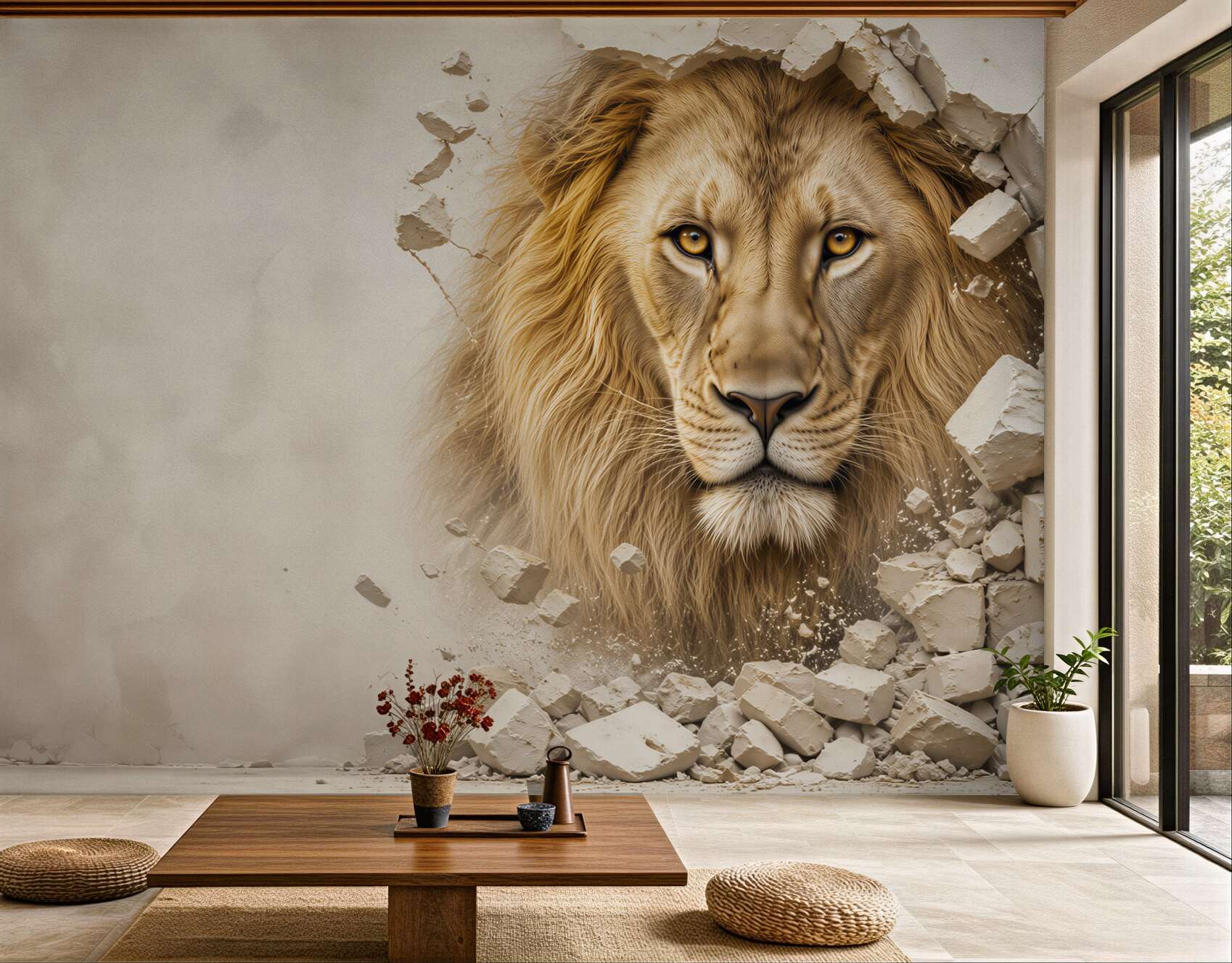 Fototapeta lew 3D przebijający ścianę beżowa nowoczesna